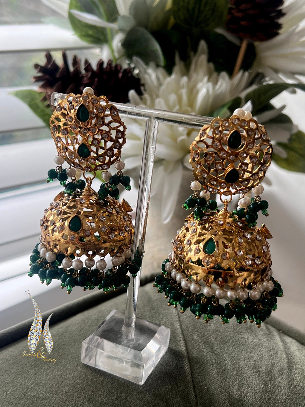 Hyderabadi Pakistani Indian Earings Emerald Jhumki Gold Plated Indian Bridal Jewelry, Bridal Jewellery