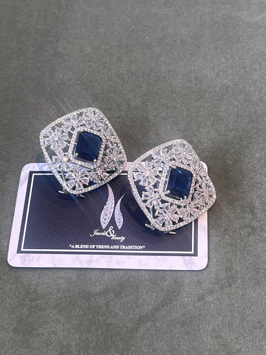 Silver Statement studs Sapphire big size  Earrings - Handcrafted Indian Pakistani  Jewelry