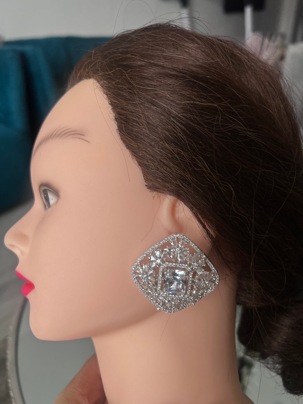 Silver Statement studs Sapphire big size  Earrings - Handcrafted Indian Pakistani  Jewelry