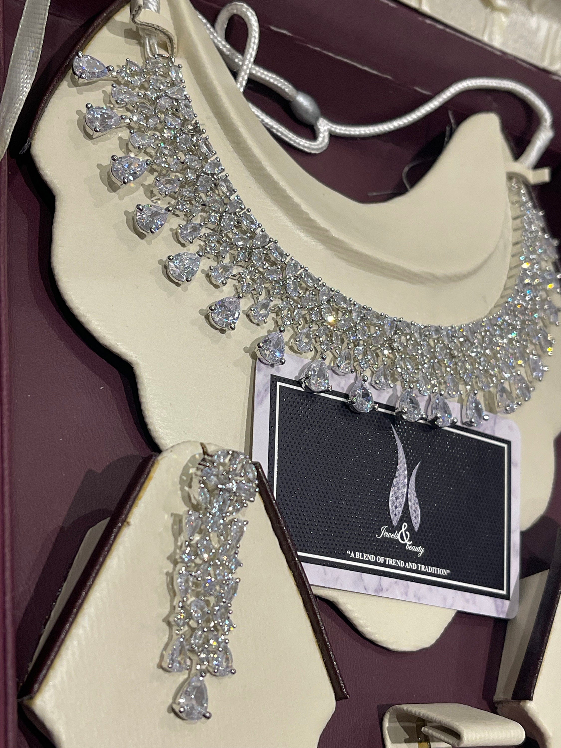 CZ Diamond Indian Bridal Necklace Set: Silver Wedding Jewelry