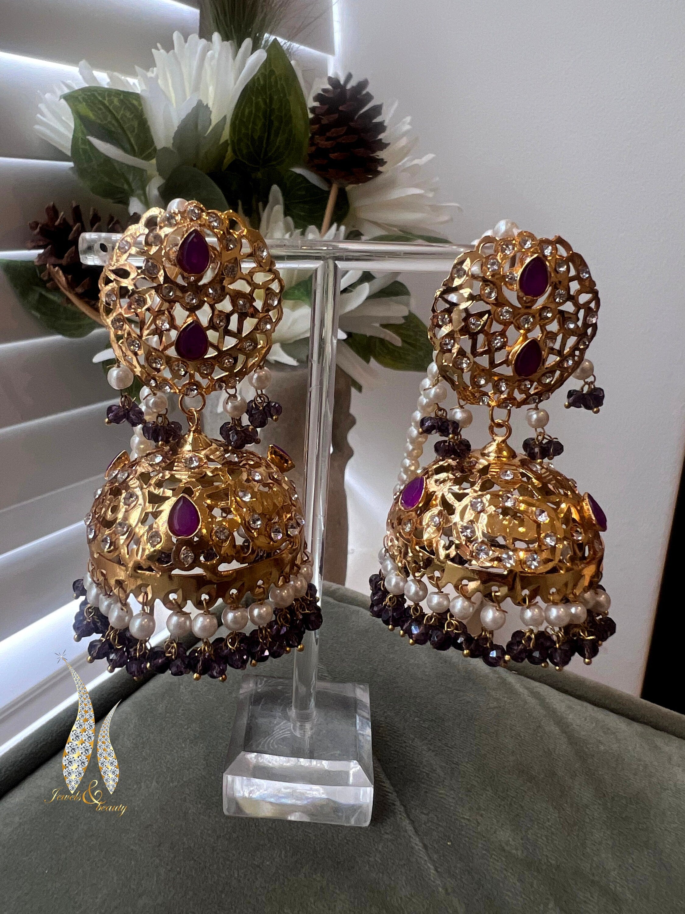 Hyderabadi Handcrafted Gold Plated Jhumki Earrings Purple Jewellery indian Bridal Jewelry