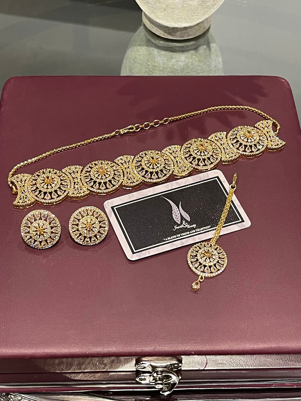 Gold Plated Indian Bridal Choker Set: CZ Diamanté Necklace, Earrings & Tika