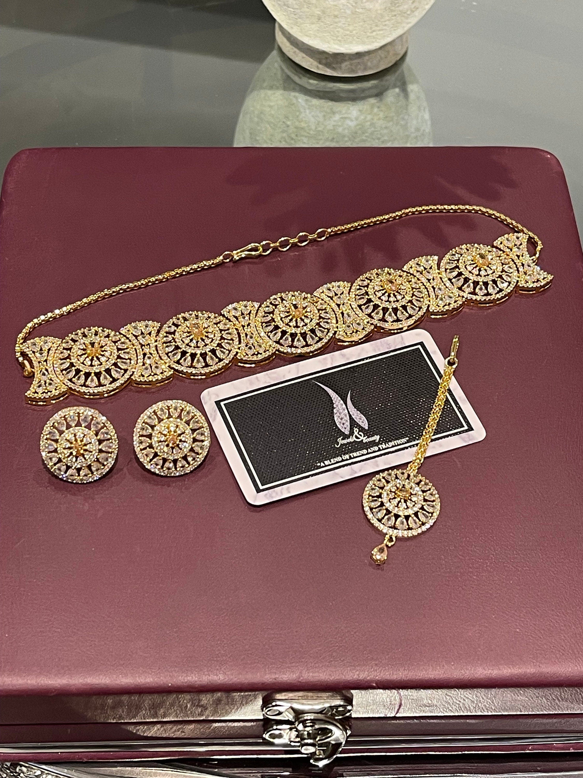 Gold Plated Indian Bridal Choker Set: CZ Diamanté Necklace, Earrings & Tika