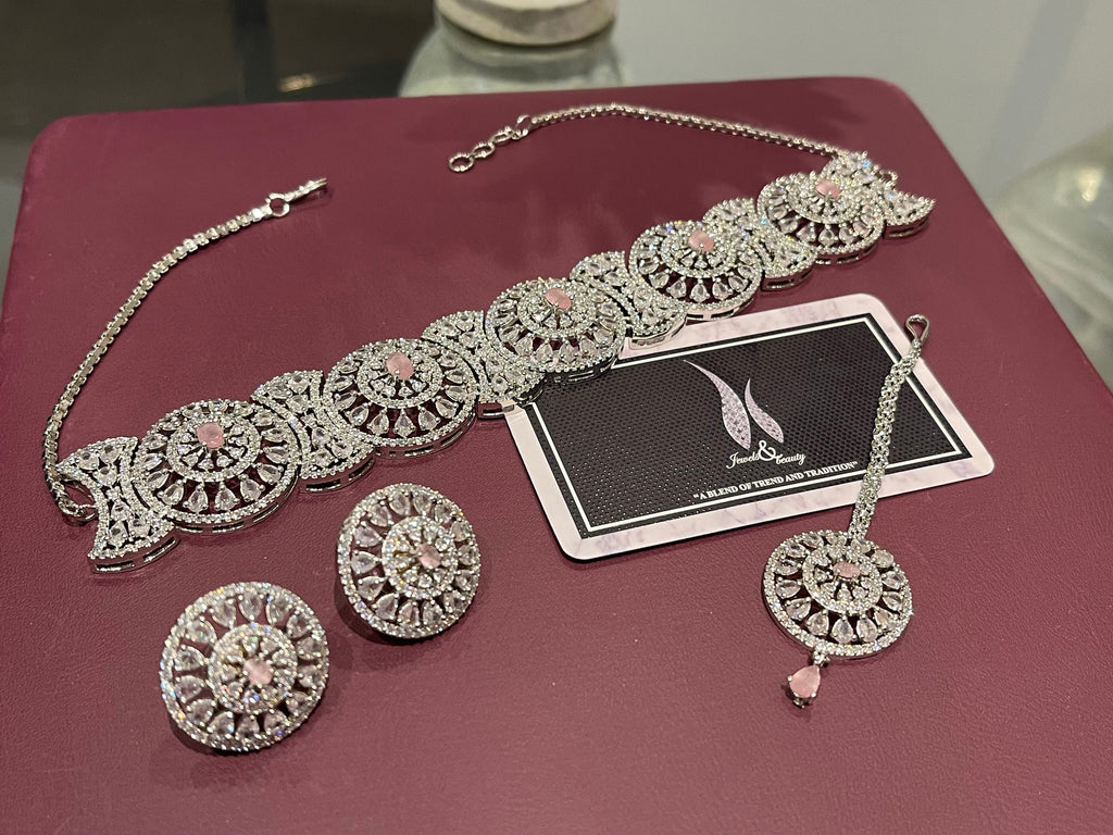 Indian CZ Bridal Choker Necklace Set in pink/  Silver Diamanté Jewelry