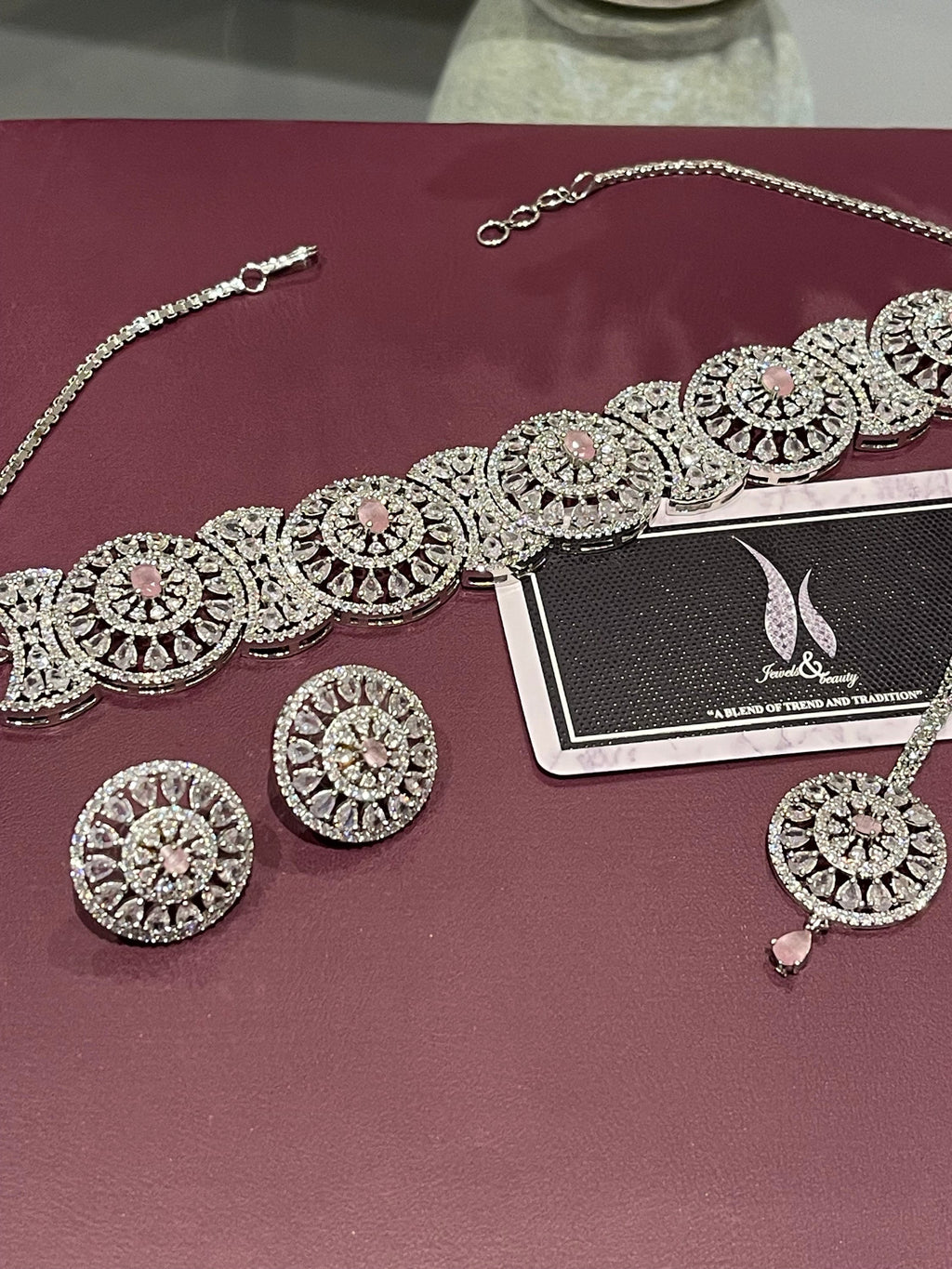 Indian CZ Bridal Choker Necklace Set in pink/  Silver Diamanté Jewelry
