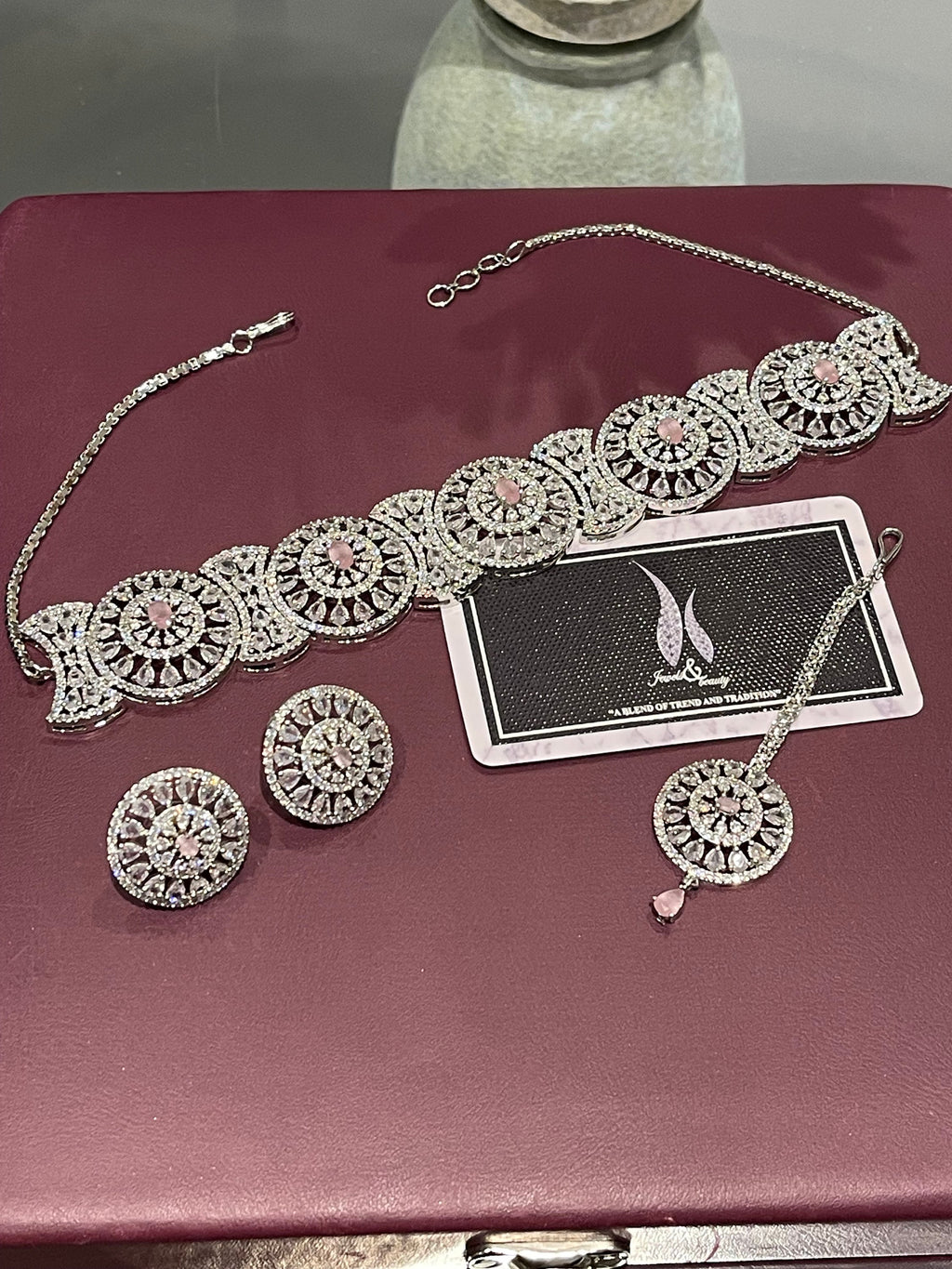 Indian CZ Bridal Choker Necklace Set in pink/  Silver Diamanté Jewelry