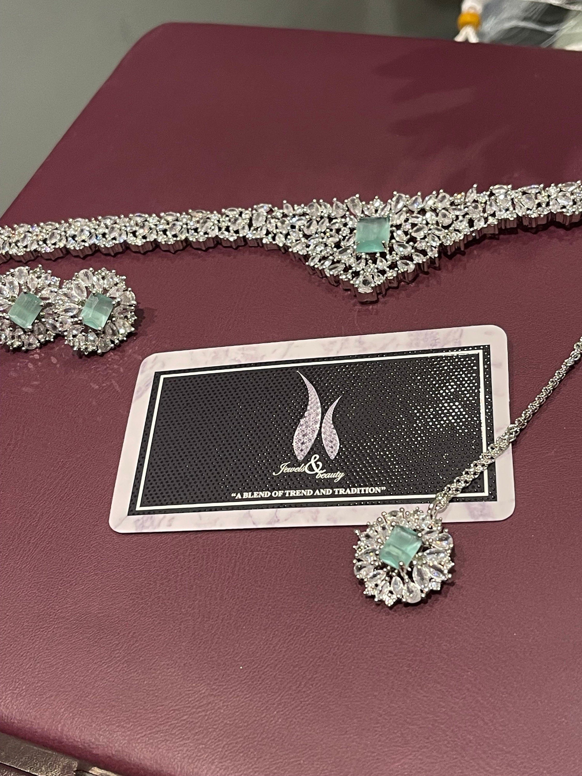 CZ Diamond Choker Necklace Earrings Set: Silver Bridal Jewelry