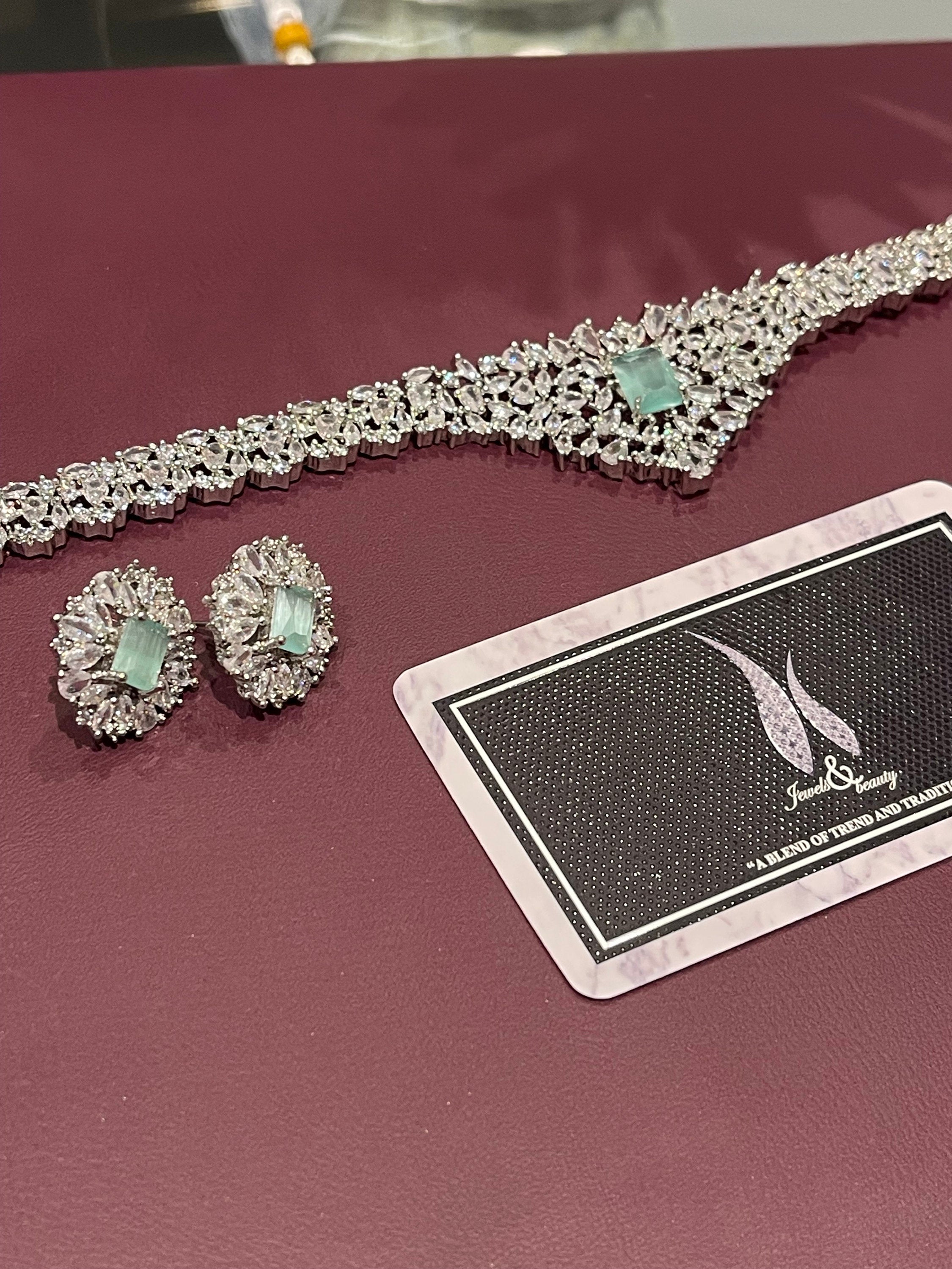 CZ Diamond Choker Necklace Earrings Set: Silver Bridal Jewelry