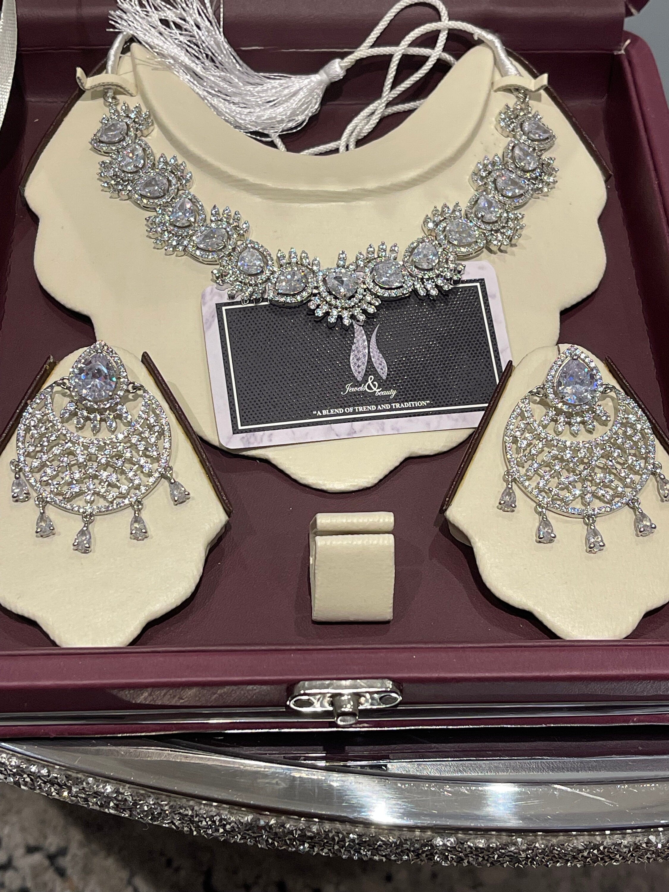 CZ Diamond Bridal Jewelry Set: Silver Choker Necklace & Earrings