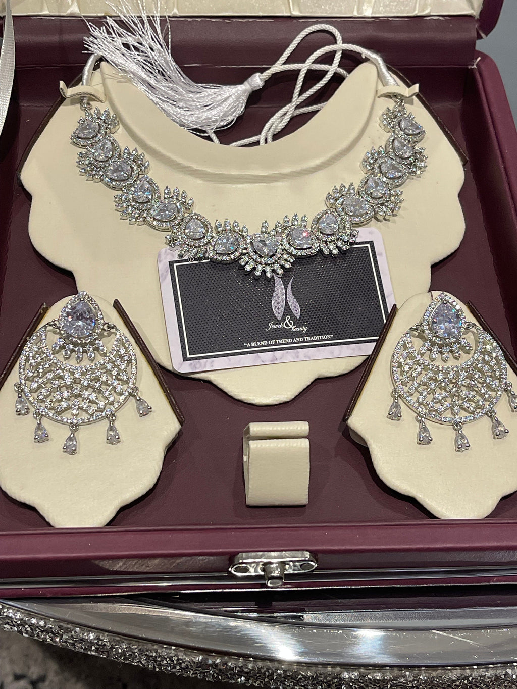 CZ Diamond Bridal Jewelry Set: Silver Choker Necklace & Earrings