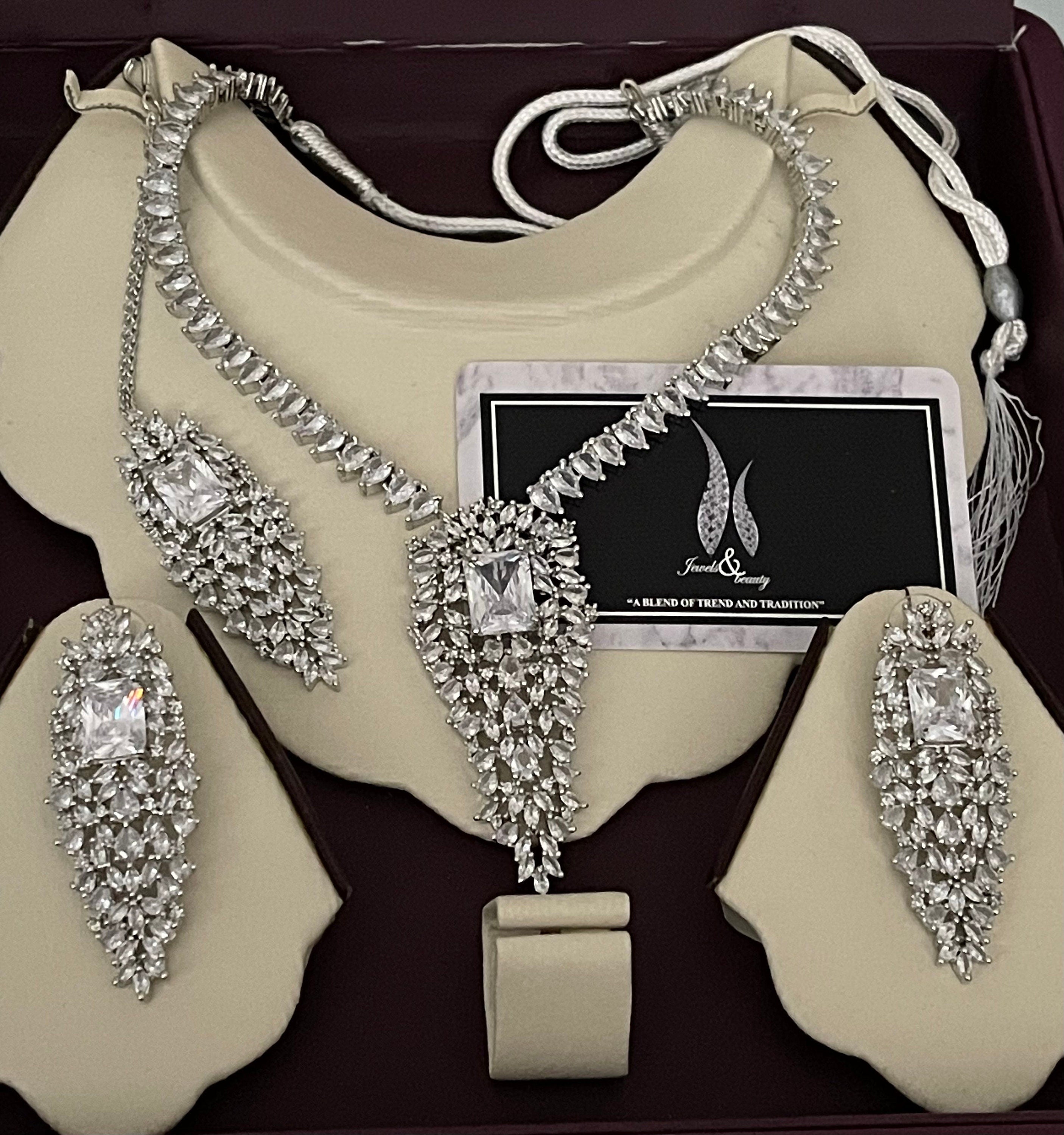 Indian Bridal CZ Diamanté Necklace Set: Silver Wedding Jewelry
