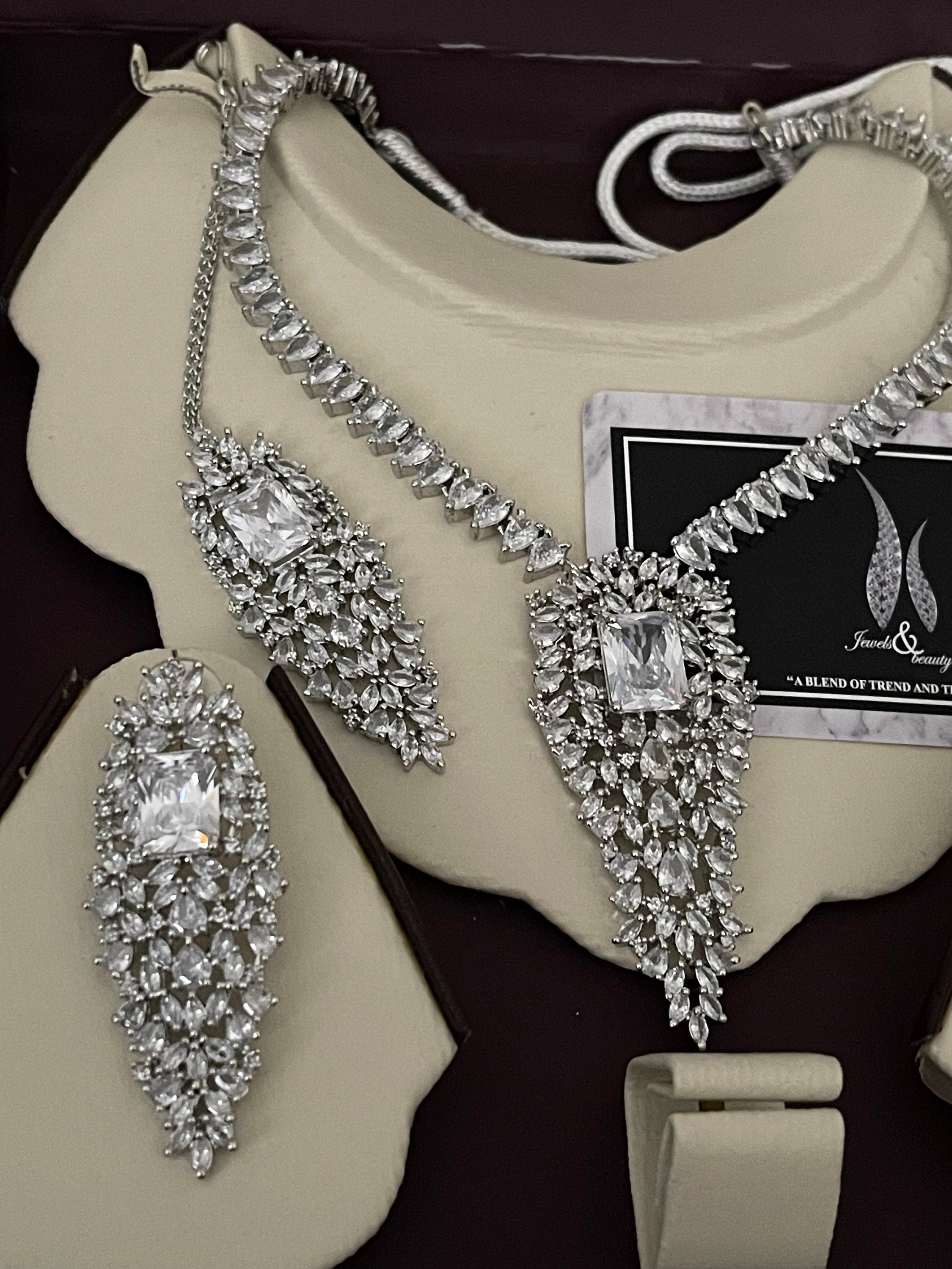 Indian Bridal CZ Diamanté Necklace Set: Silver Wedding Jewelry