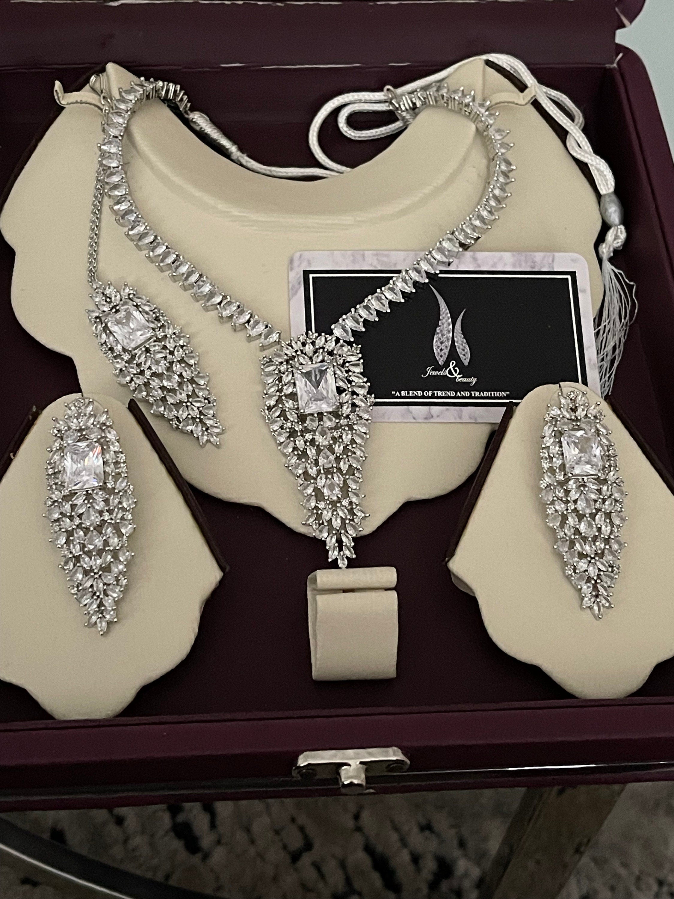 Indian Bridal CZ Diamanté Necklace Set: Silver Wedding Jewelry