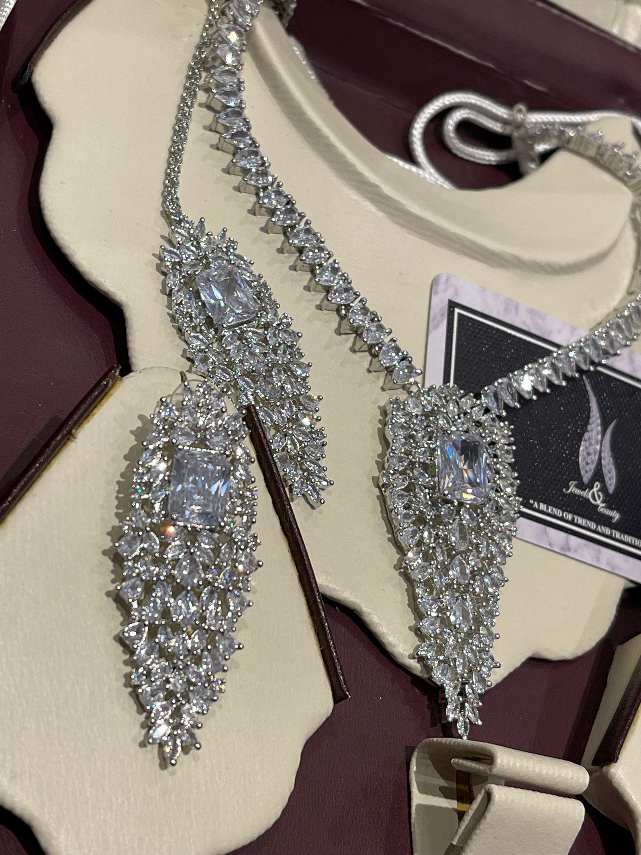 Indian Bridal CZ Diamanté Necklace Set: Silver Wedding Jewelry