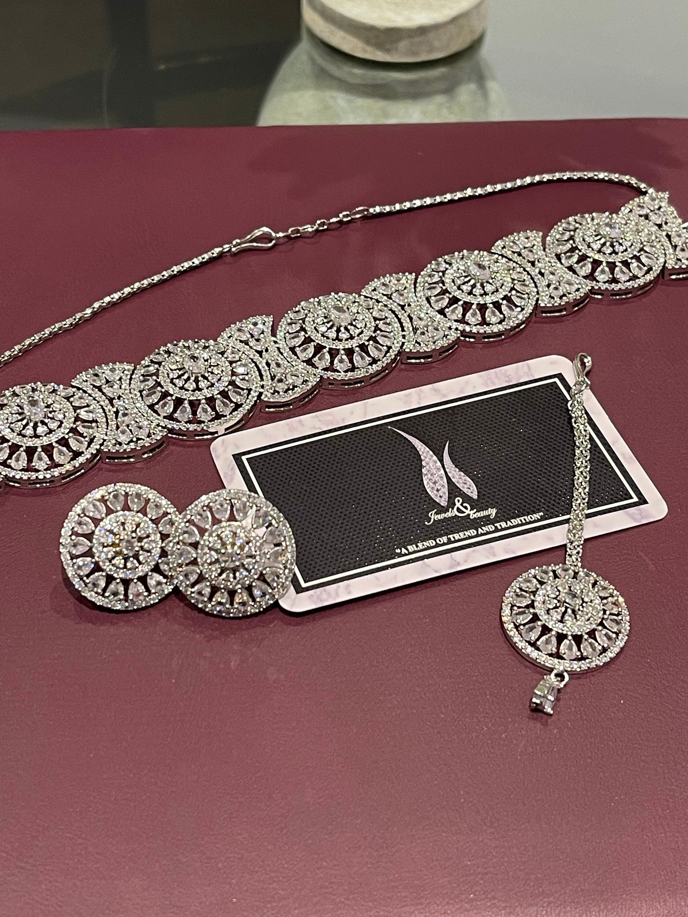 Indian Bridal CZ Diamanté Choker Necklace Set: Silver Wedding Jewelry