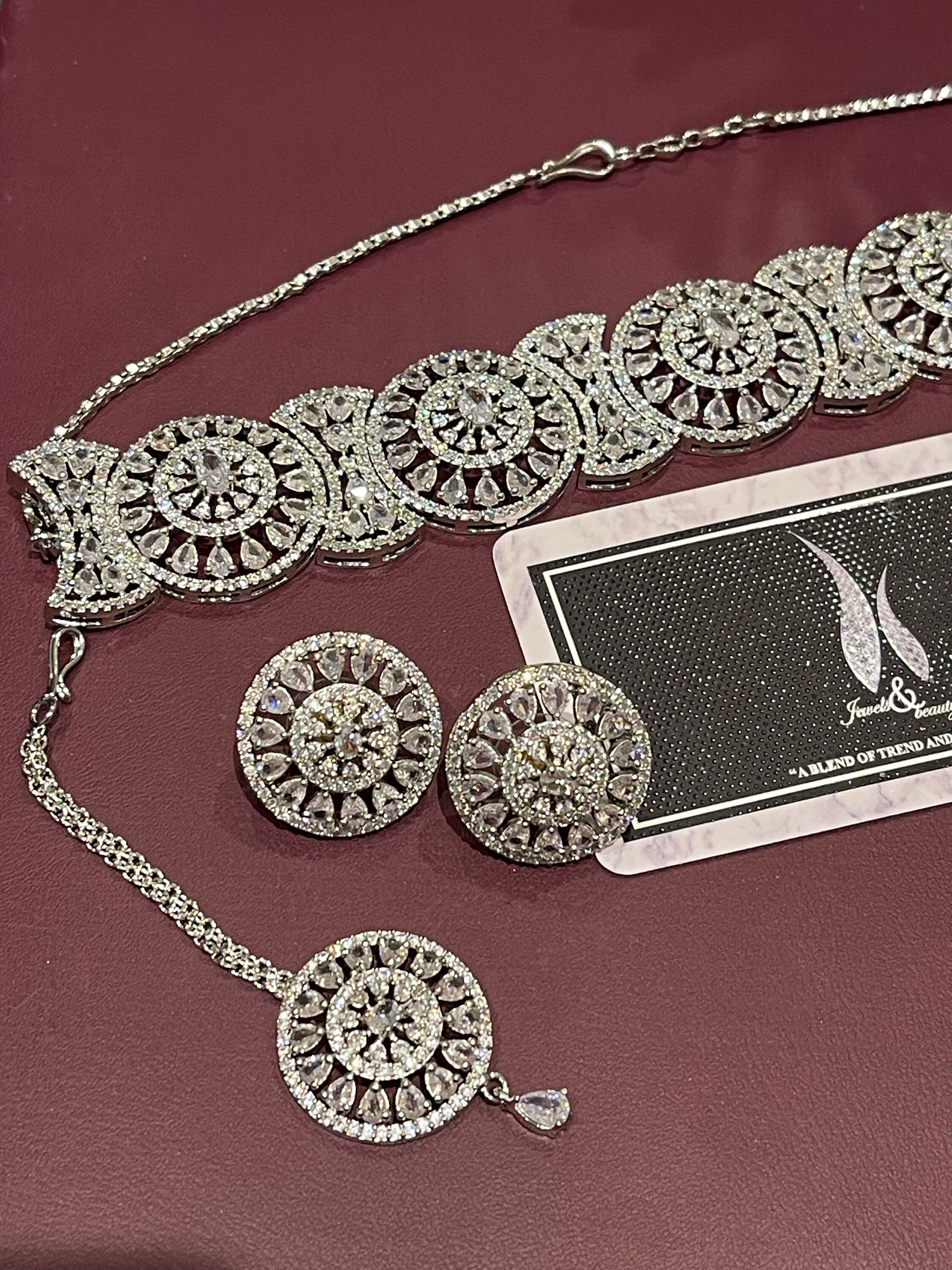 Indian Bridal CZ Diamanté Choker Necklace Set: Silver Wedding Jewelry
