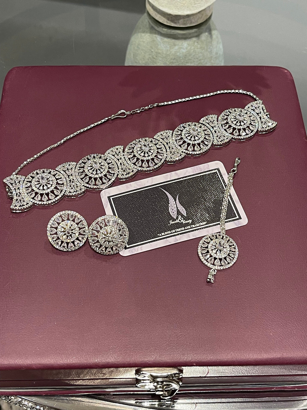 Indian Bridal CZ Diamanté Choker Necklace Set: Silver Wedding Jewelry