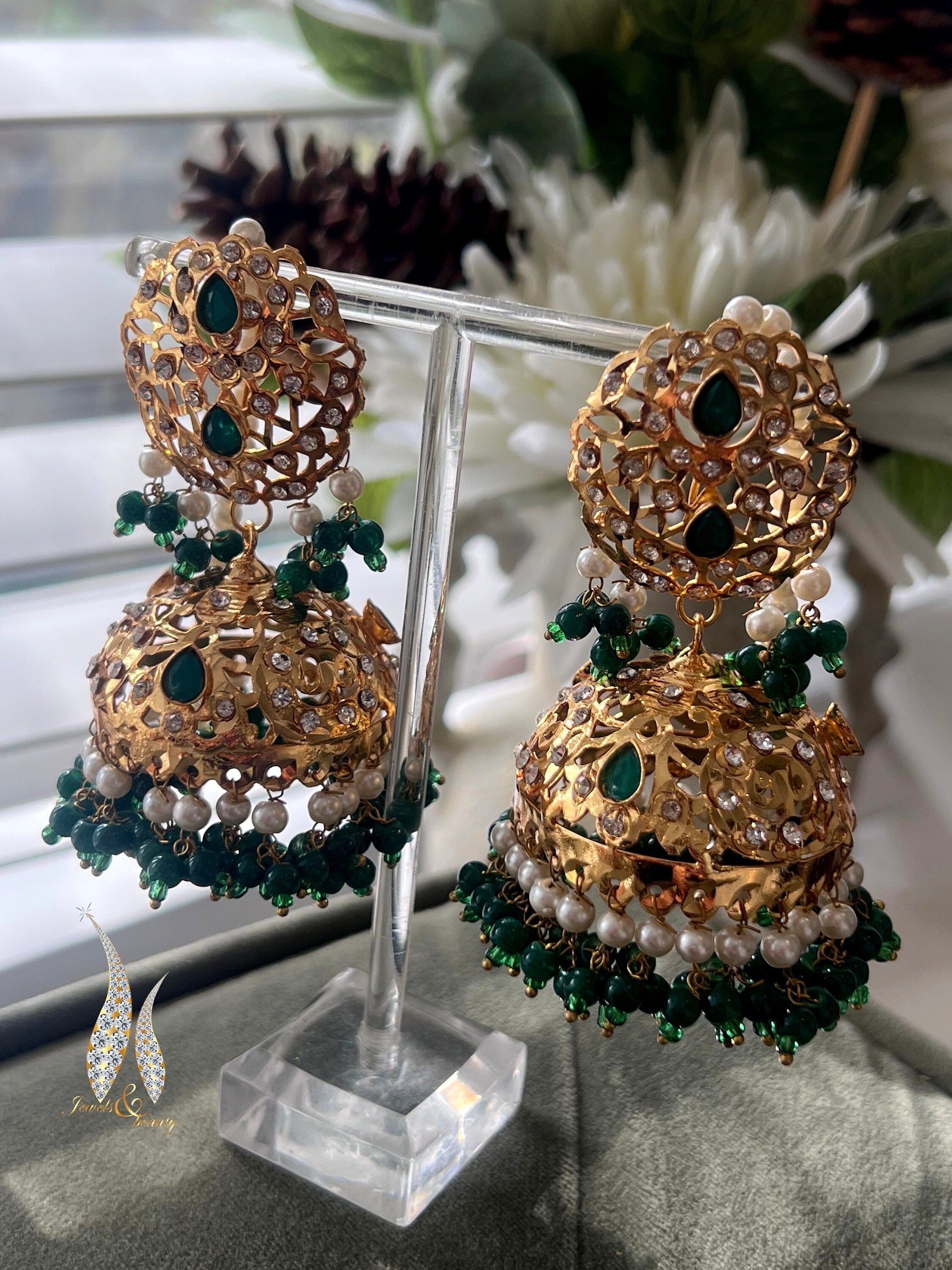 Hyderabadi Pakistani Indian Earings Emerald Jhumki Gold Plated Indian Bridal Jewelry, Bridal Jewellery