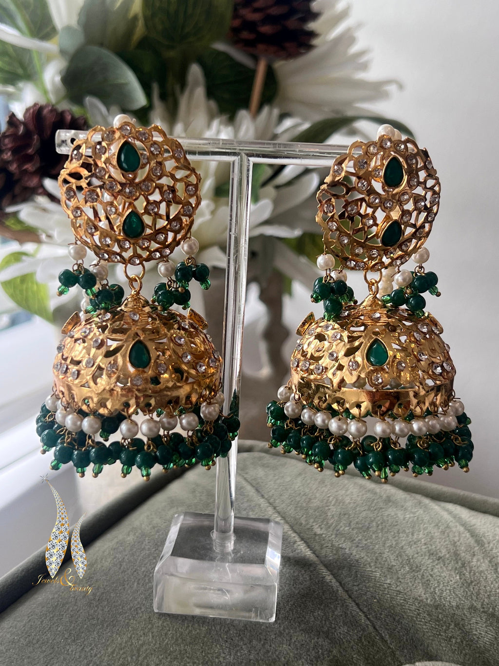 Hyderabadi Pakistani Indian Earings Emerald Jhumki Gold Plated Indian Bridal Jewelry, Bridal Jewellery