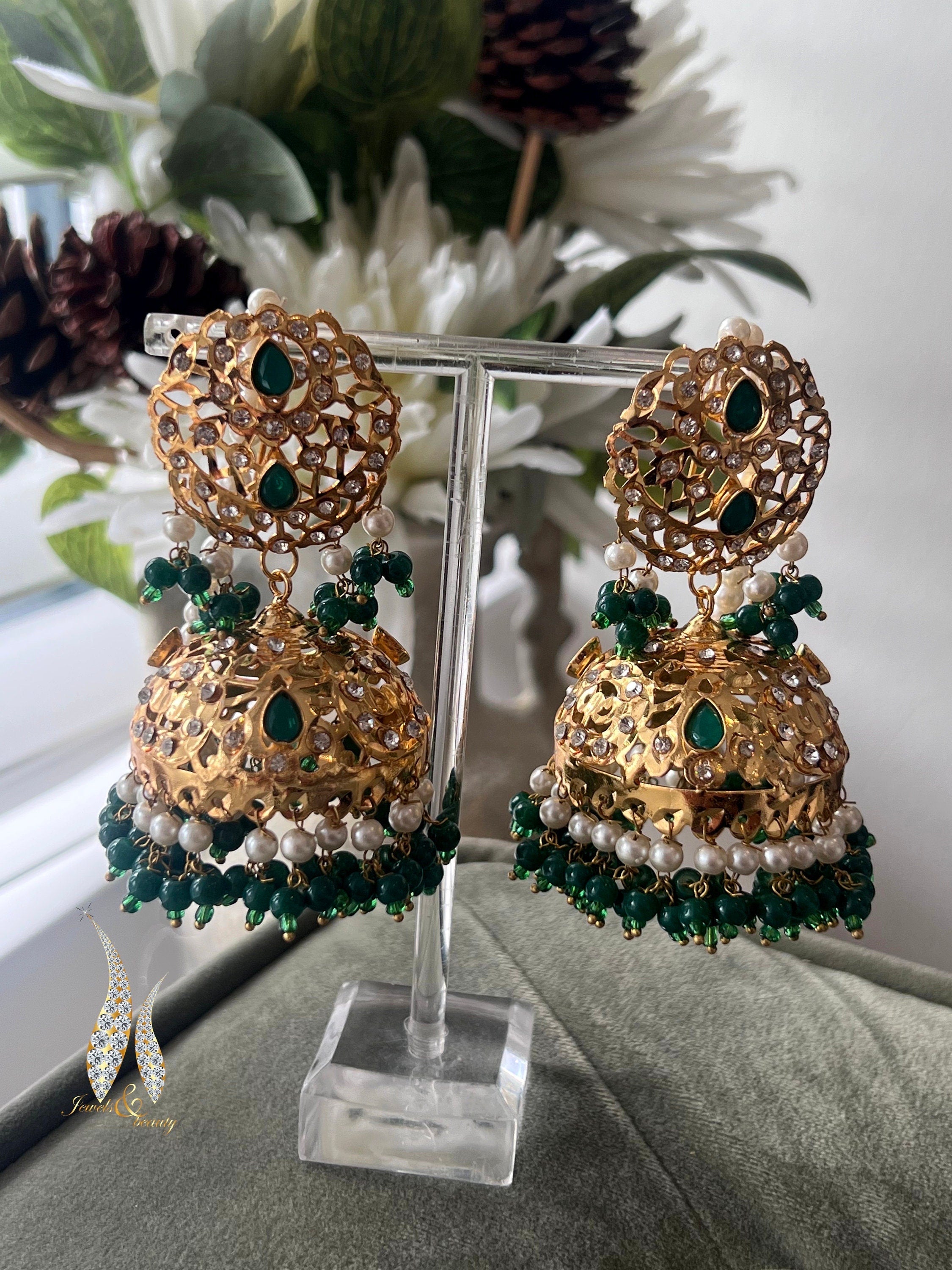Hyderabadi Pakistani Indian Earings Emerald Jhumki Gold Plated Indian Bridal Jewelry, Bridal Jewellery