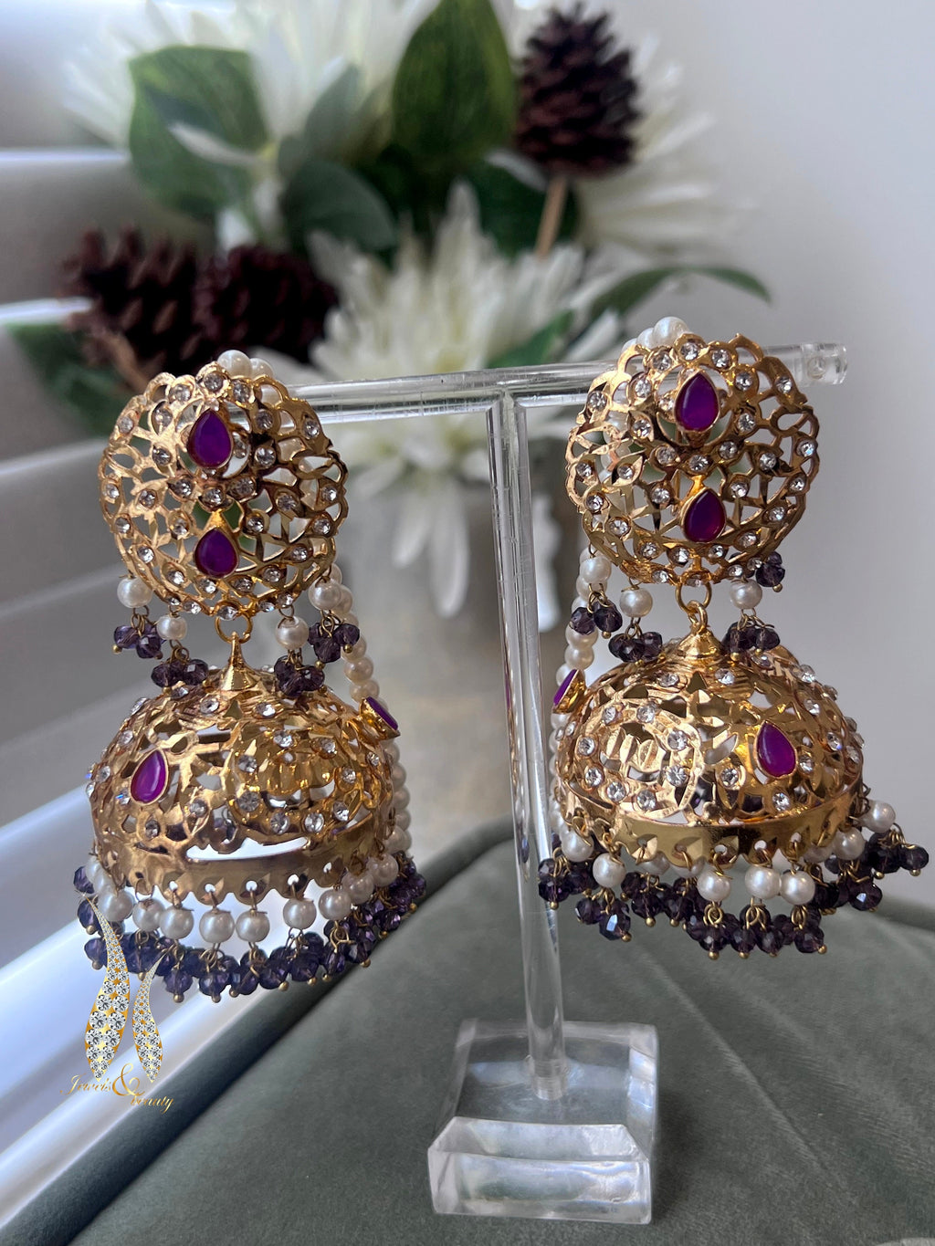 Hyderabadi Handcrafted Gold Plated Jhumki Earrings Purple Jewellery indian Bridal Jewelry