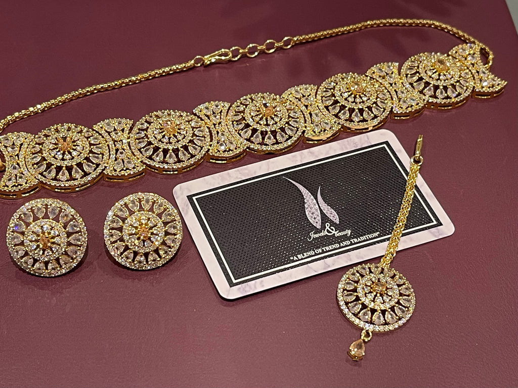 Gold Plated Indian Bridal Choker Set: CZ Diamanté Necklace, Earrings & Tika