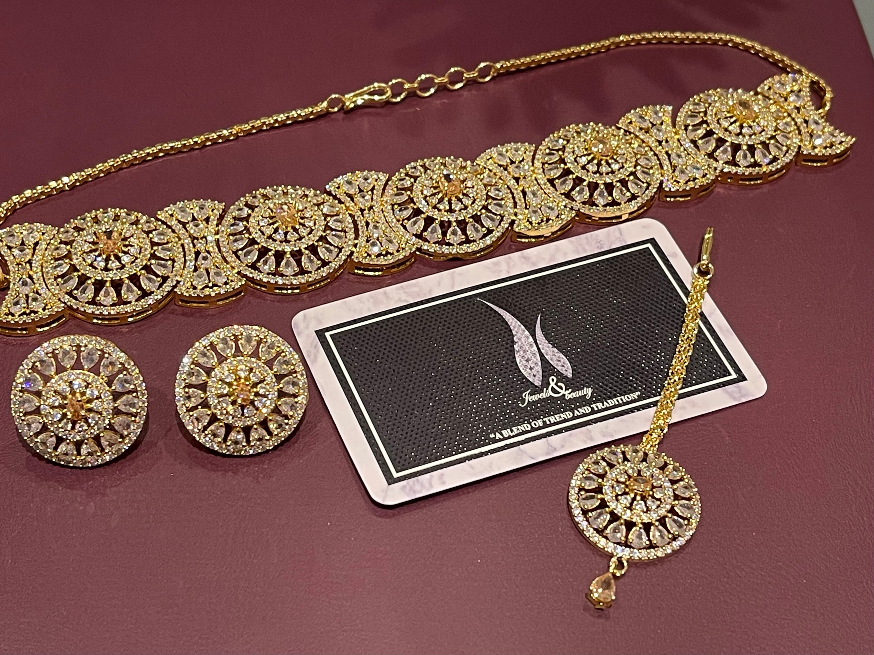 Gold Plated Indian Bridal Choker Set: CZ Diamanté Necklace, Earrings & Tika