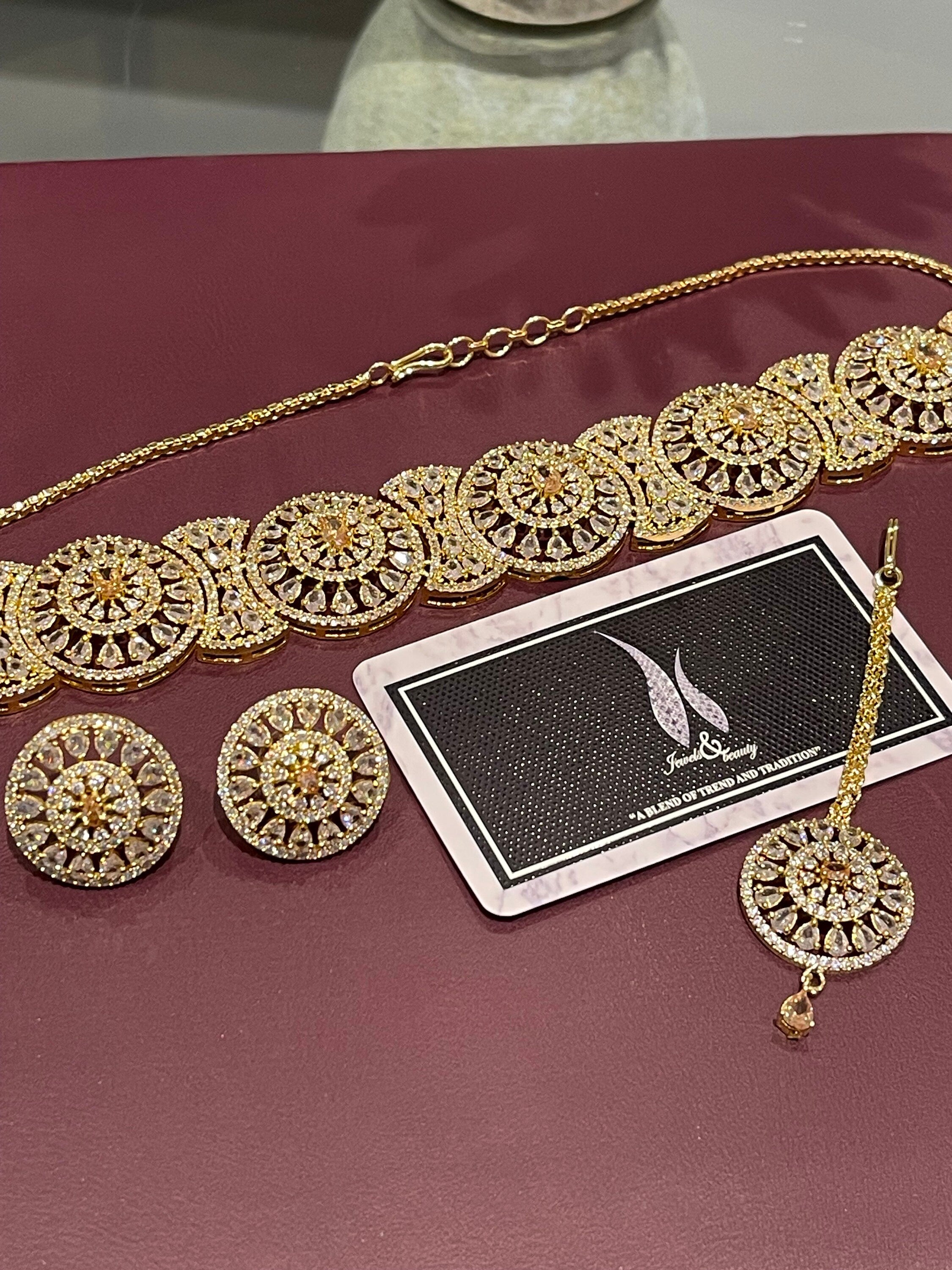 Gold Plated Indian Bridal Choker Set: CZ Diamanté Necklace, Earrings & Tika