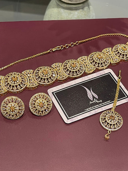 Gold Plated Indian Bridal Choker Set: CZ Diamanté Necklace, Earrings & Tika