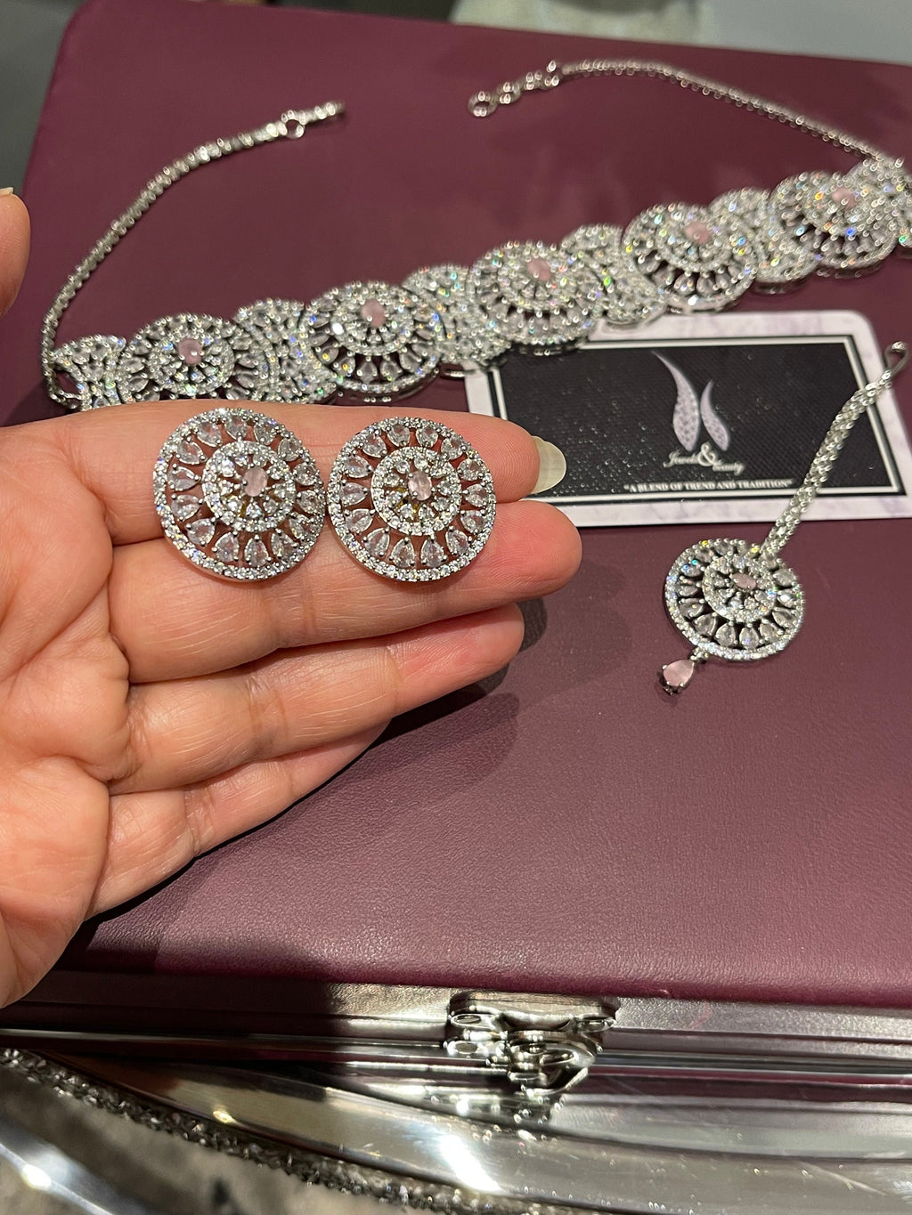 Indian CZ Bridal Choker Necklace Set in pink/  Silver Diamanté Jewelry