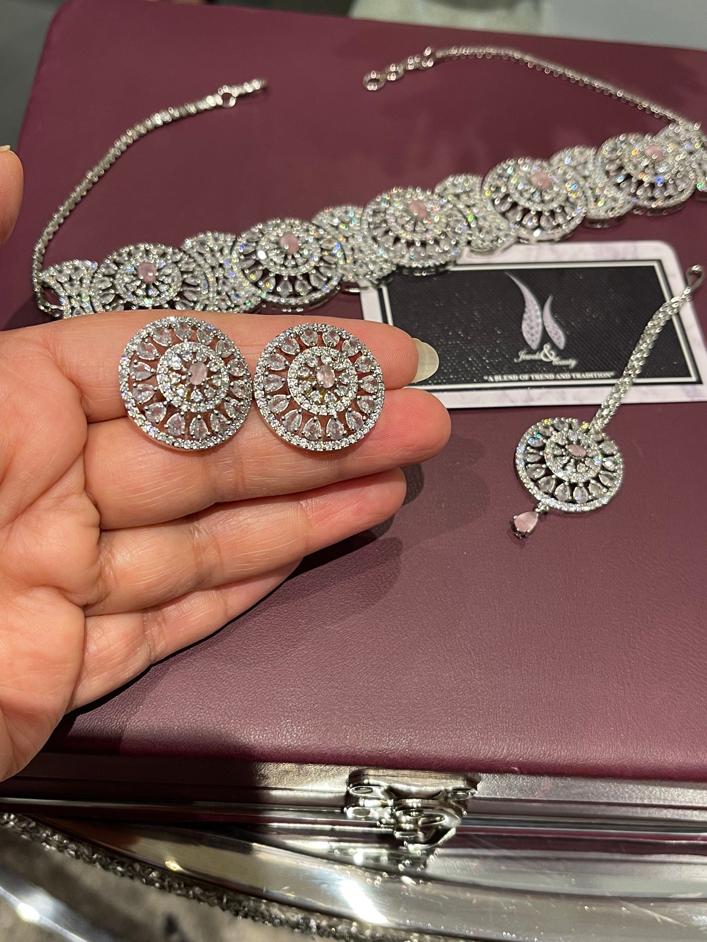 Indian CZ Bridal Choker Necklace Set in pink/  Silver Diamanté Jewelry