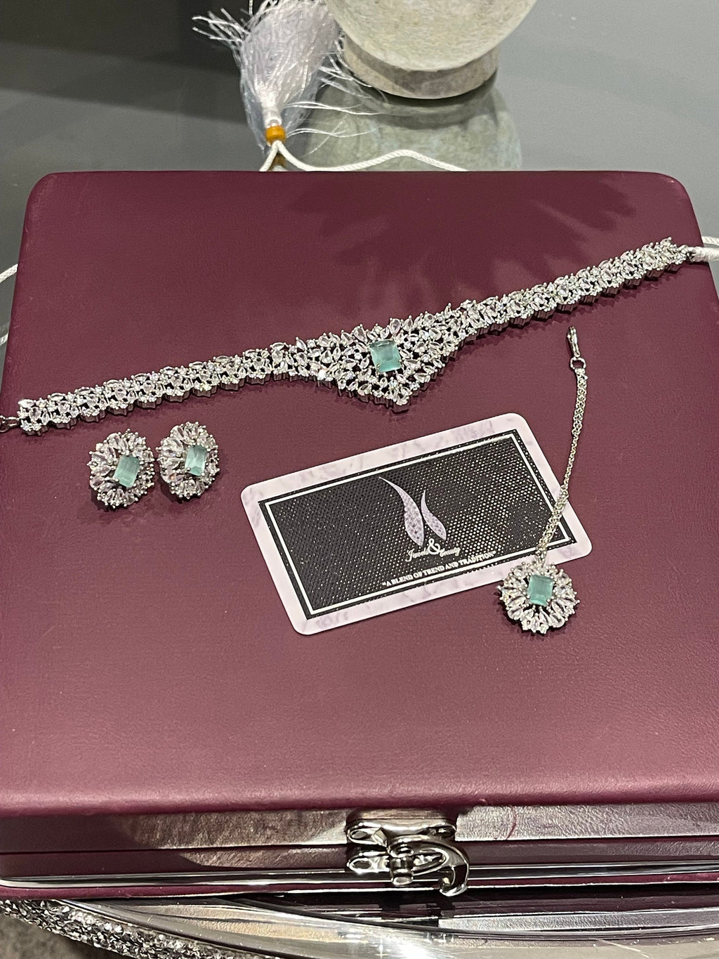 CZ Diamond Choker Necklace Earrings Set: Silver Bridal Jewelry