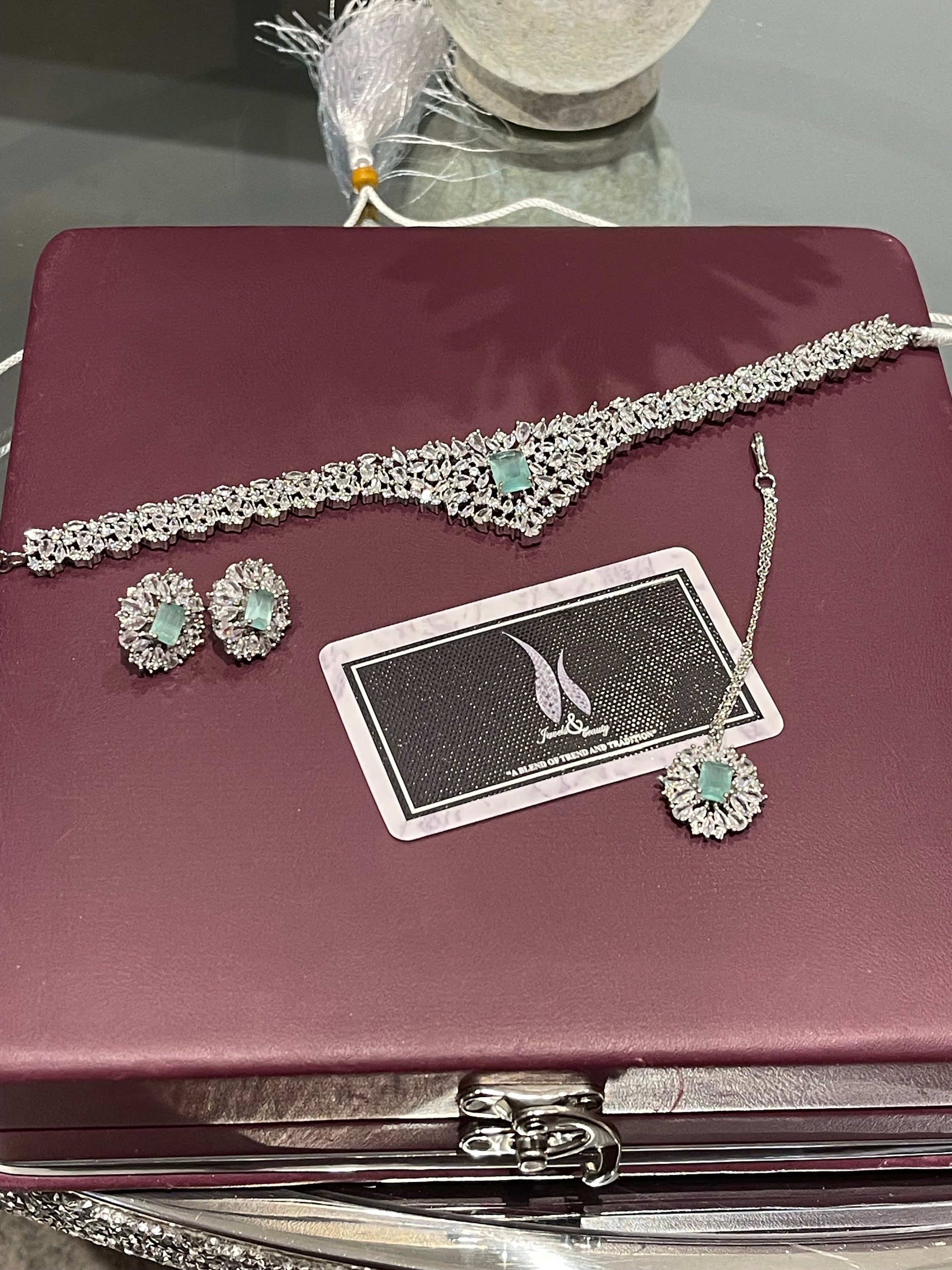 CZ Diamond Choker Necklace Earrings Set: Silver Bridal Jewelry