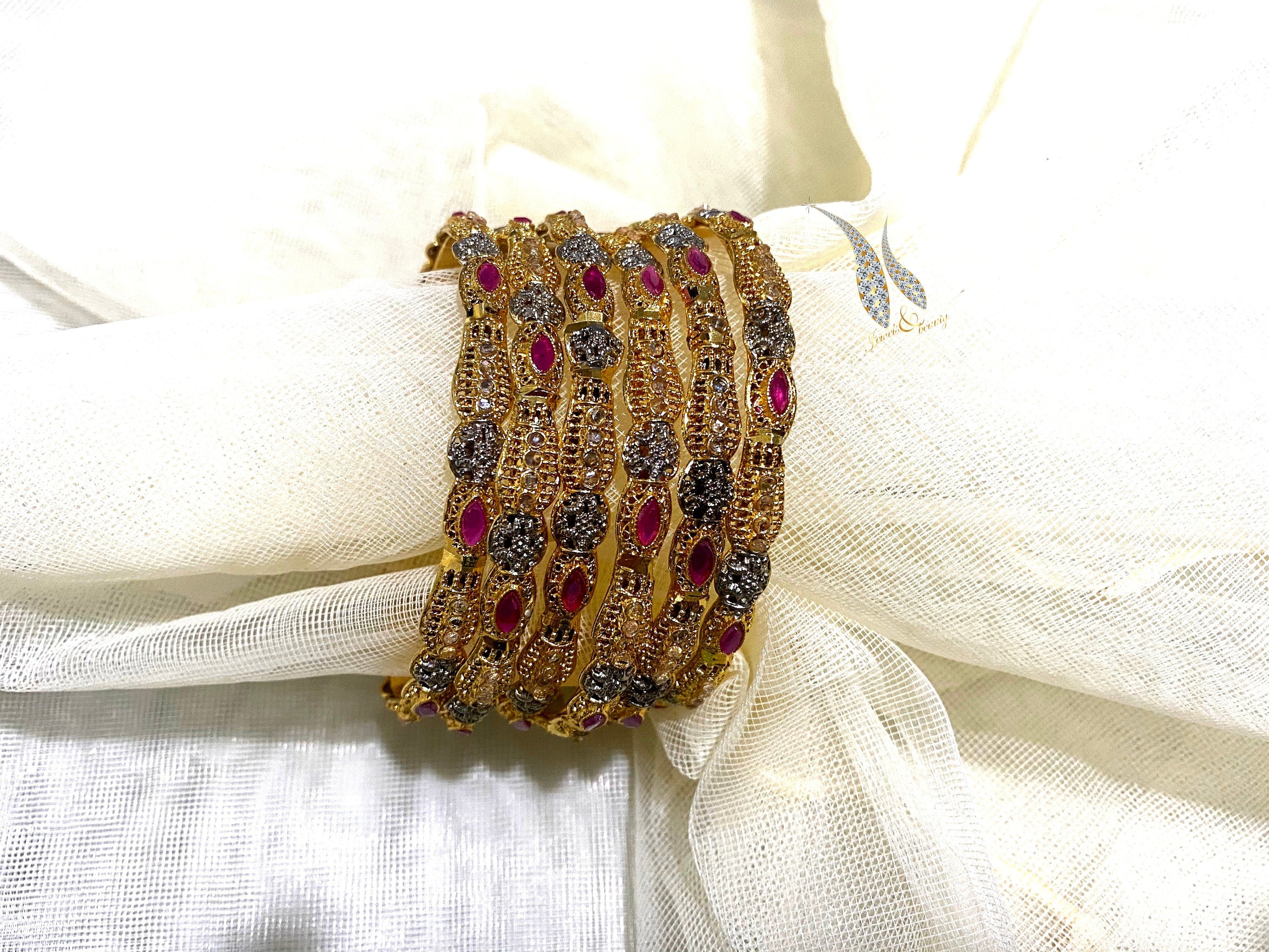 Gold Polish Ruby Bangles: Indian Bridal Jewelry, Set of 6