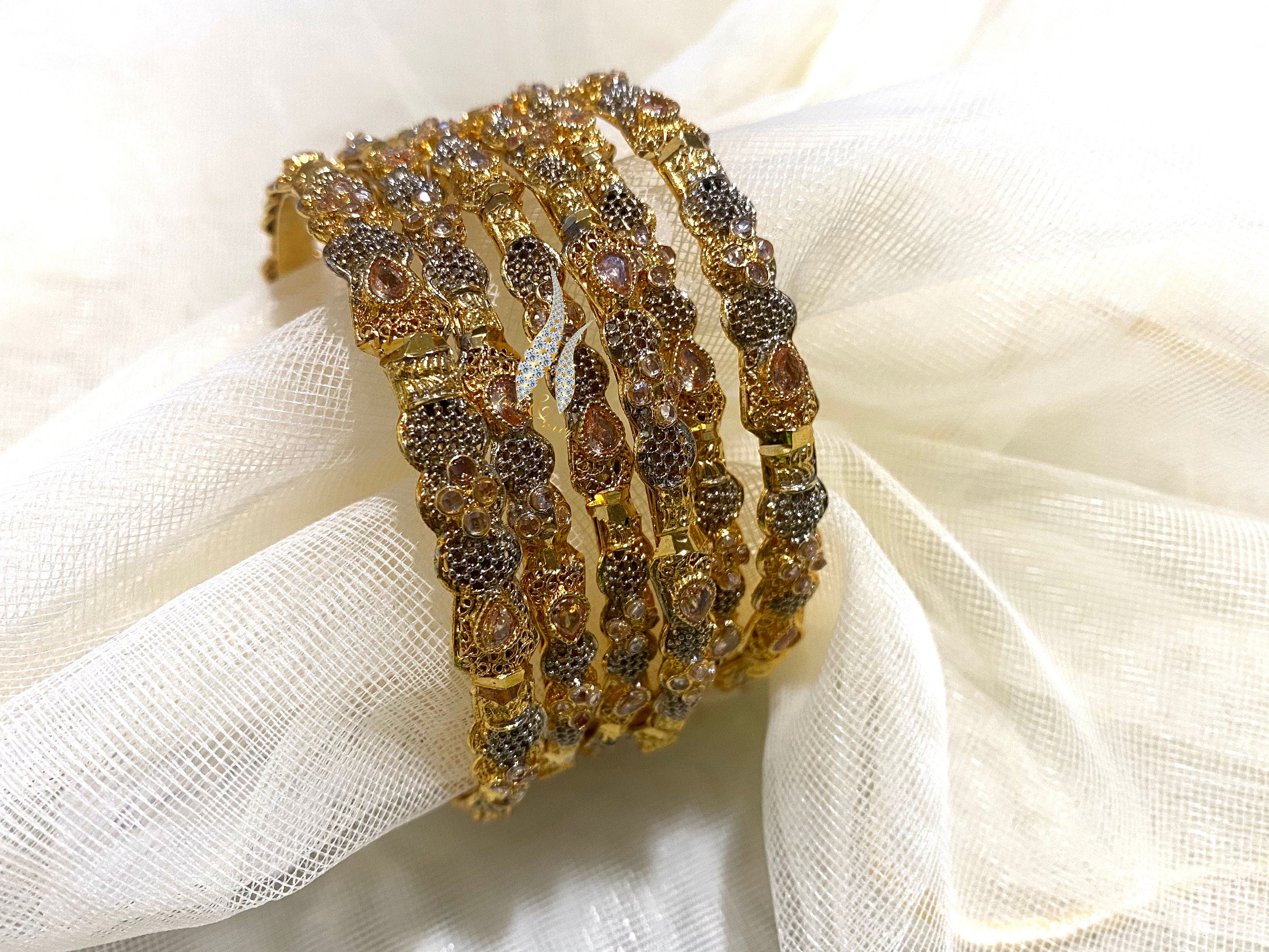 Gold Plated Indian Bridal Bangles: Champion Stone Jewelry, Set of 6