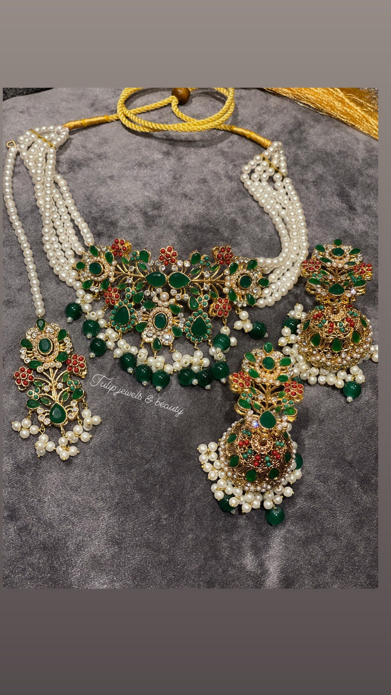 Emerald Choker Jewelry Set: Gold Plated Indian Jhumka Earrings