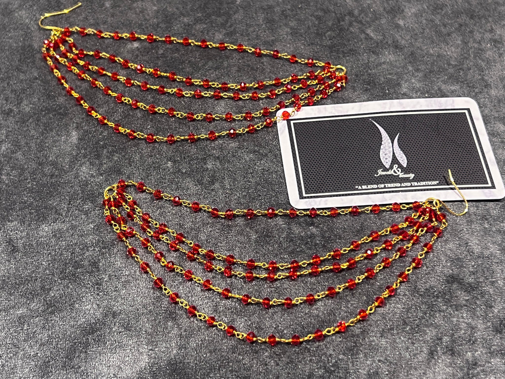 Red Beaded Ear Chain: Indian Pakistani Jewelry