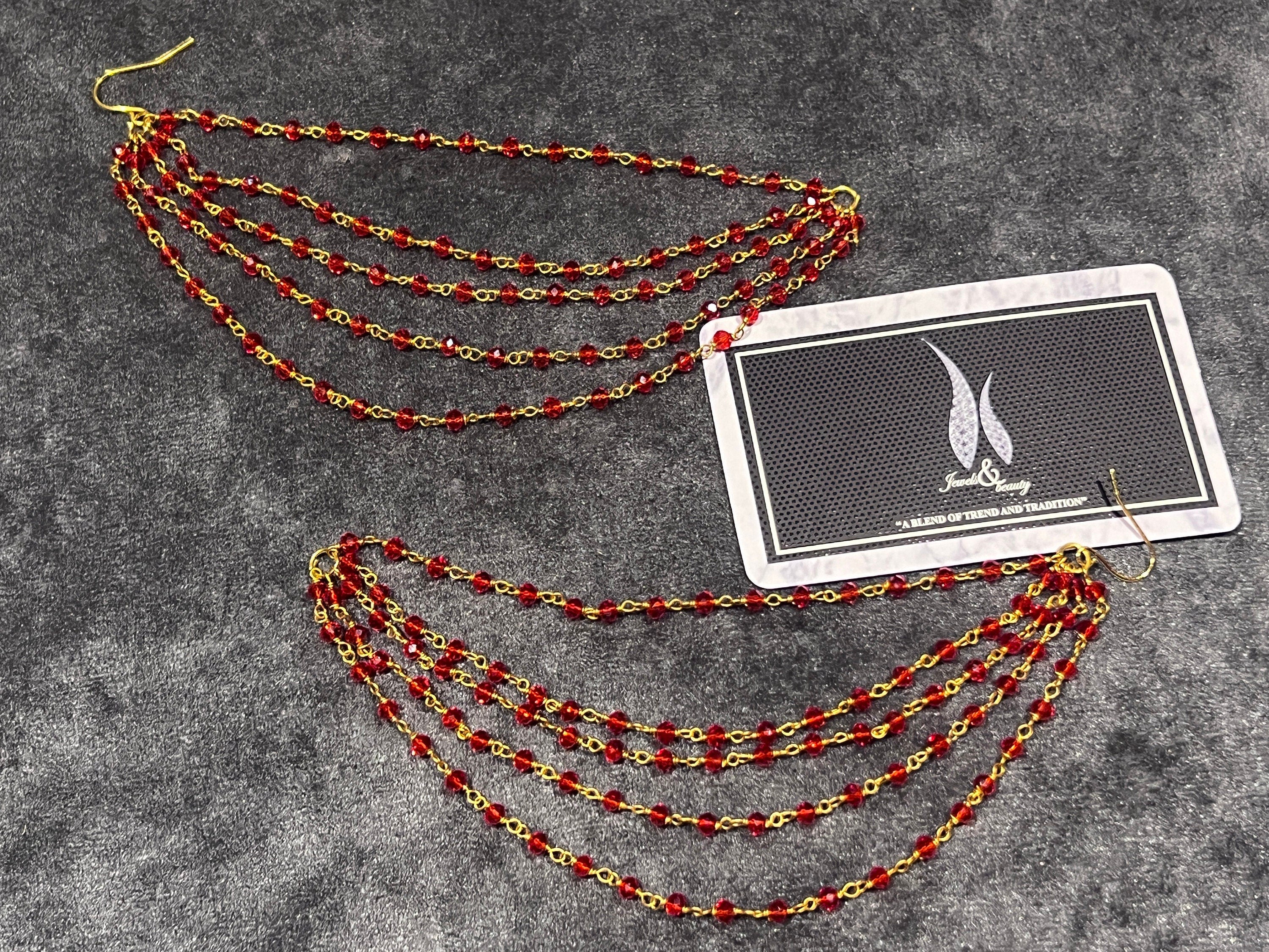 Red Beaded Ear Chain: Indian Pakistani Jewelry