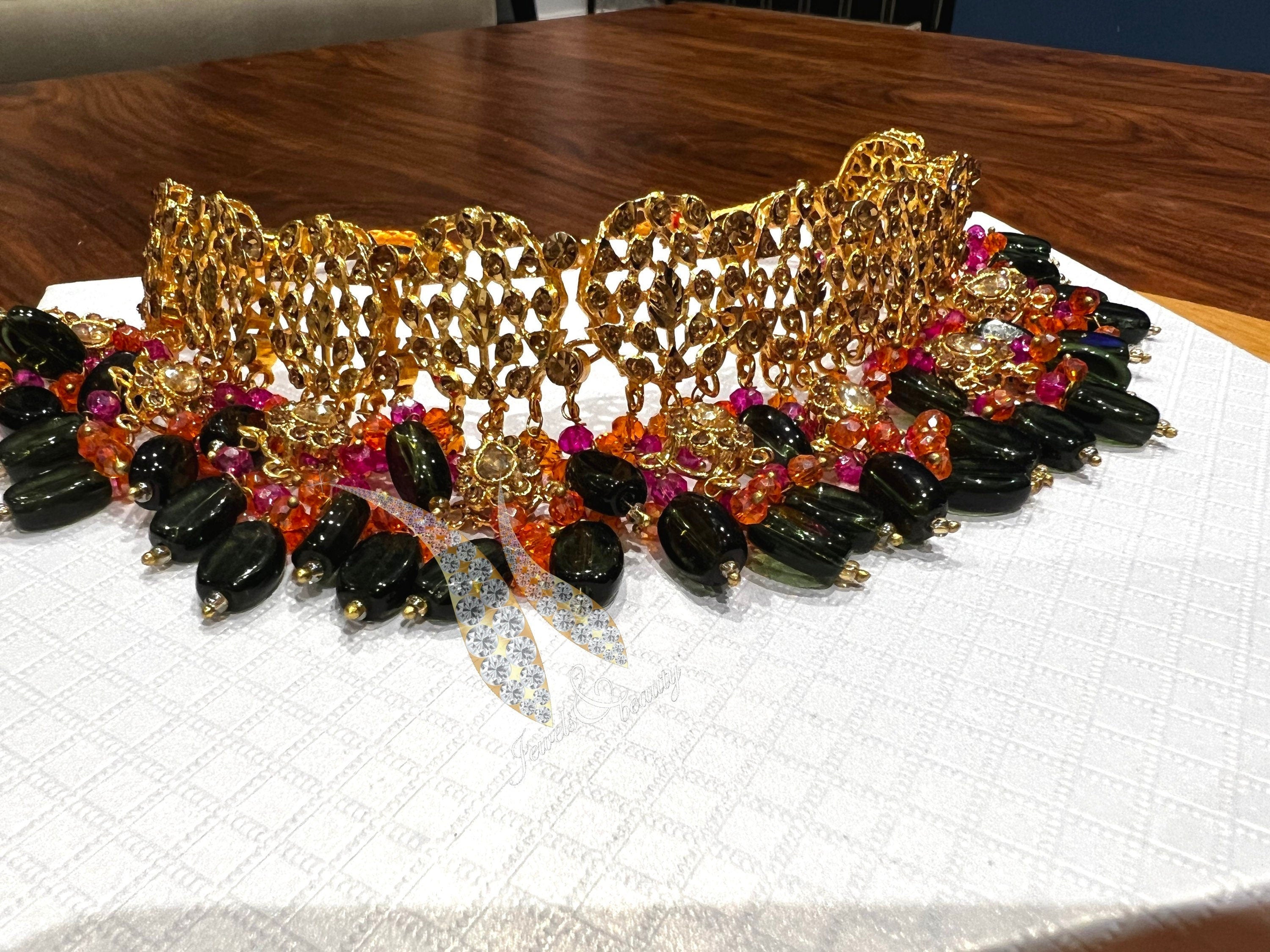 Gold Plated Hyderabadi Choker Set: Indian Pakistani Bridal Jewelry