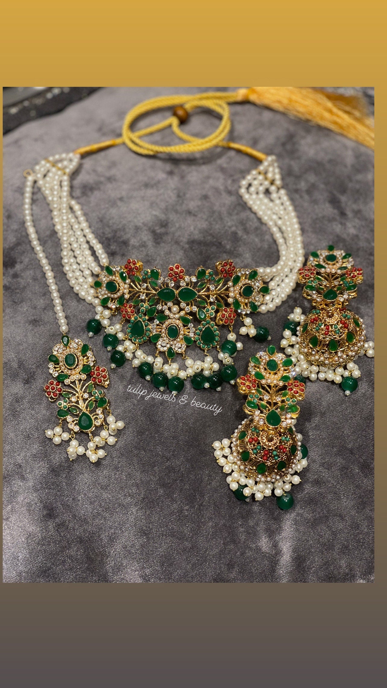 Emerald Choker Jewelry Set: Gold Plated Indian Jhumka Earrings