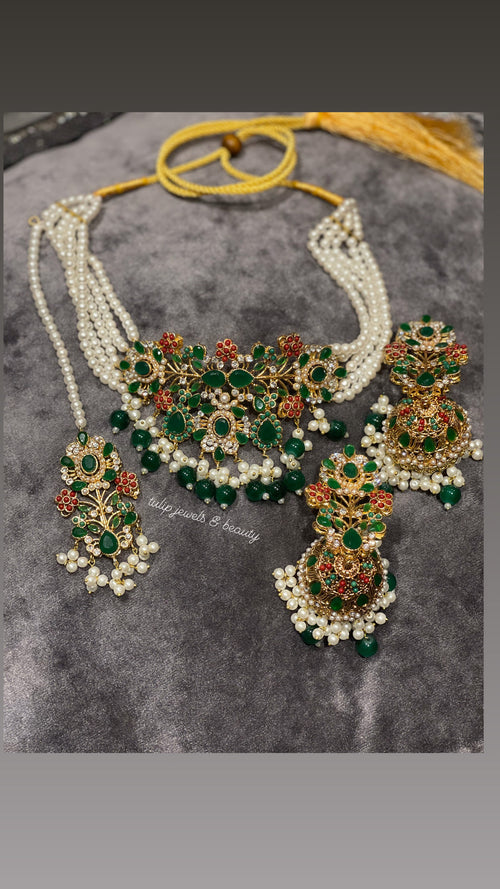 Emerald Choker Jewelry Set: Gold Plated Indian Jhumka Earrings