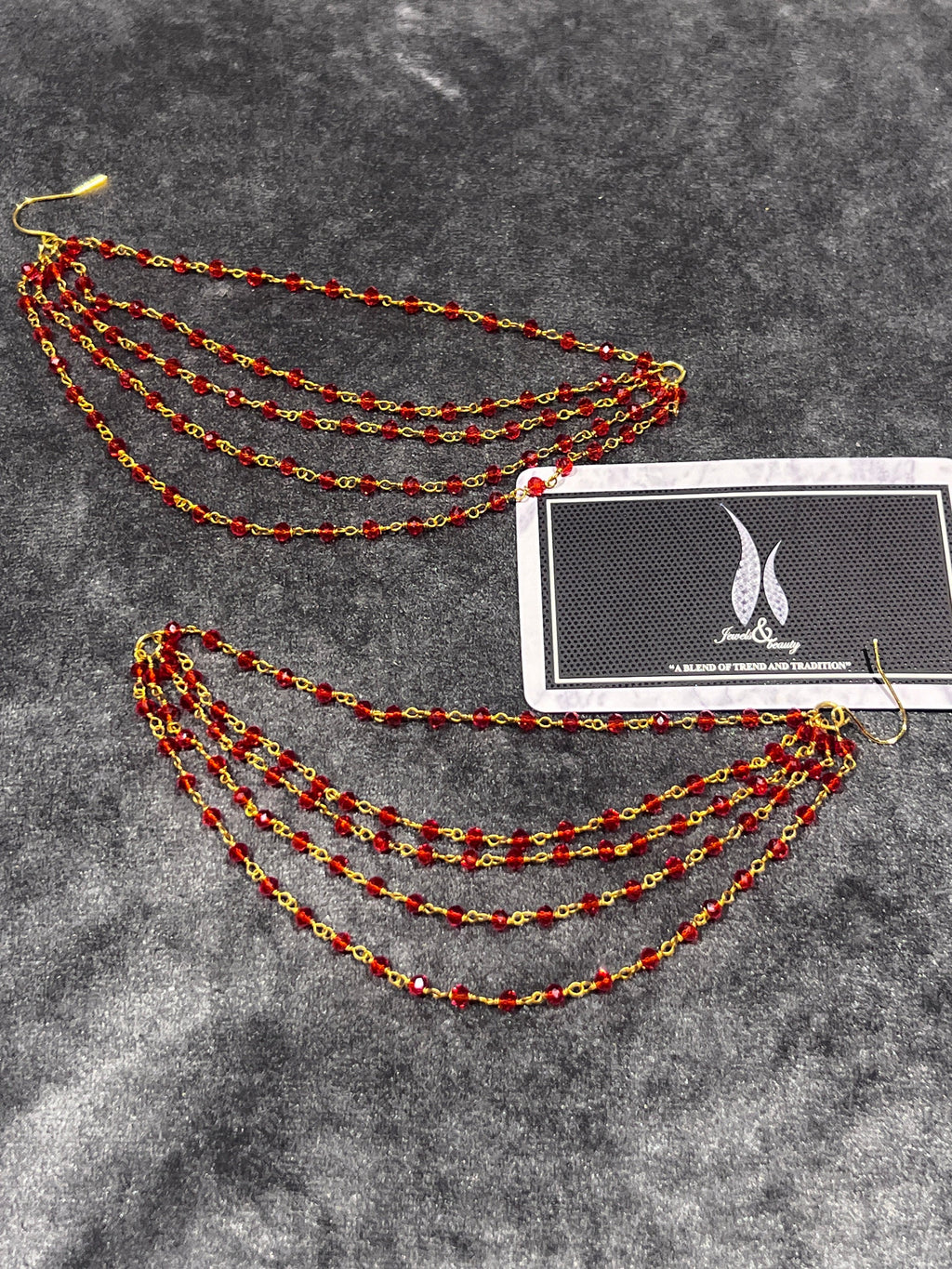 Red Beaded Ear Chain: Indian Pakistani Jewelry