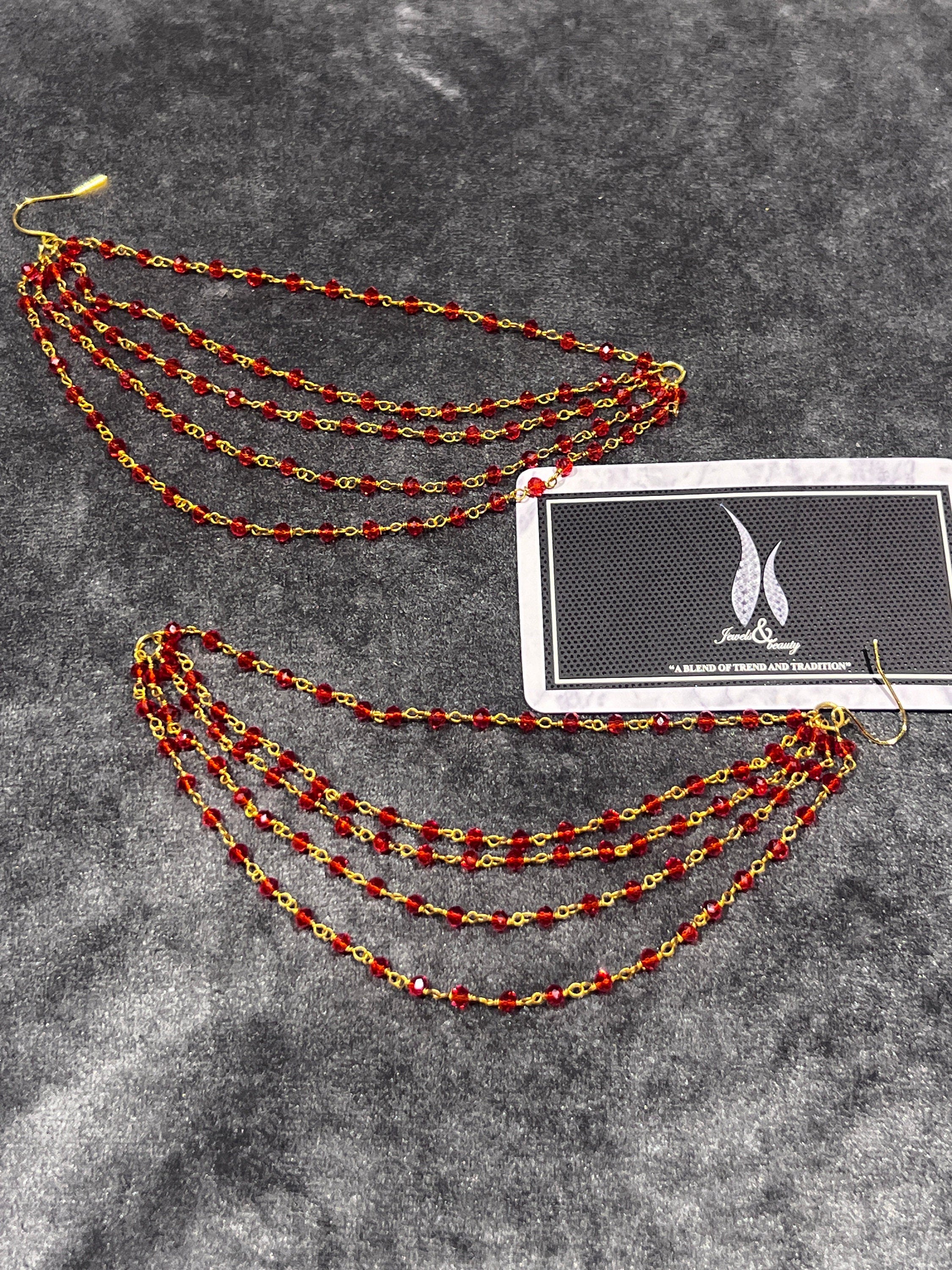 Red Beaded Ear Chain: Indian Pakistani Jewelry