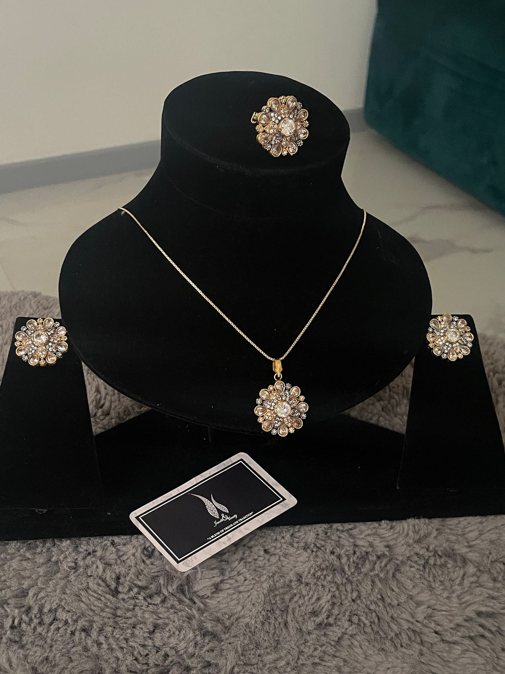 Diamante Gold Plated Jewelry Set: Pendant, Ring & Studs