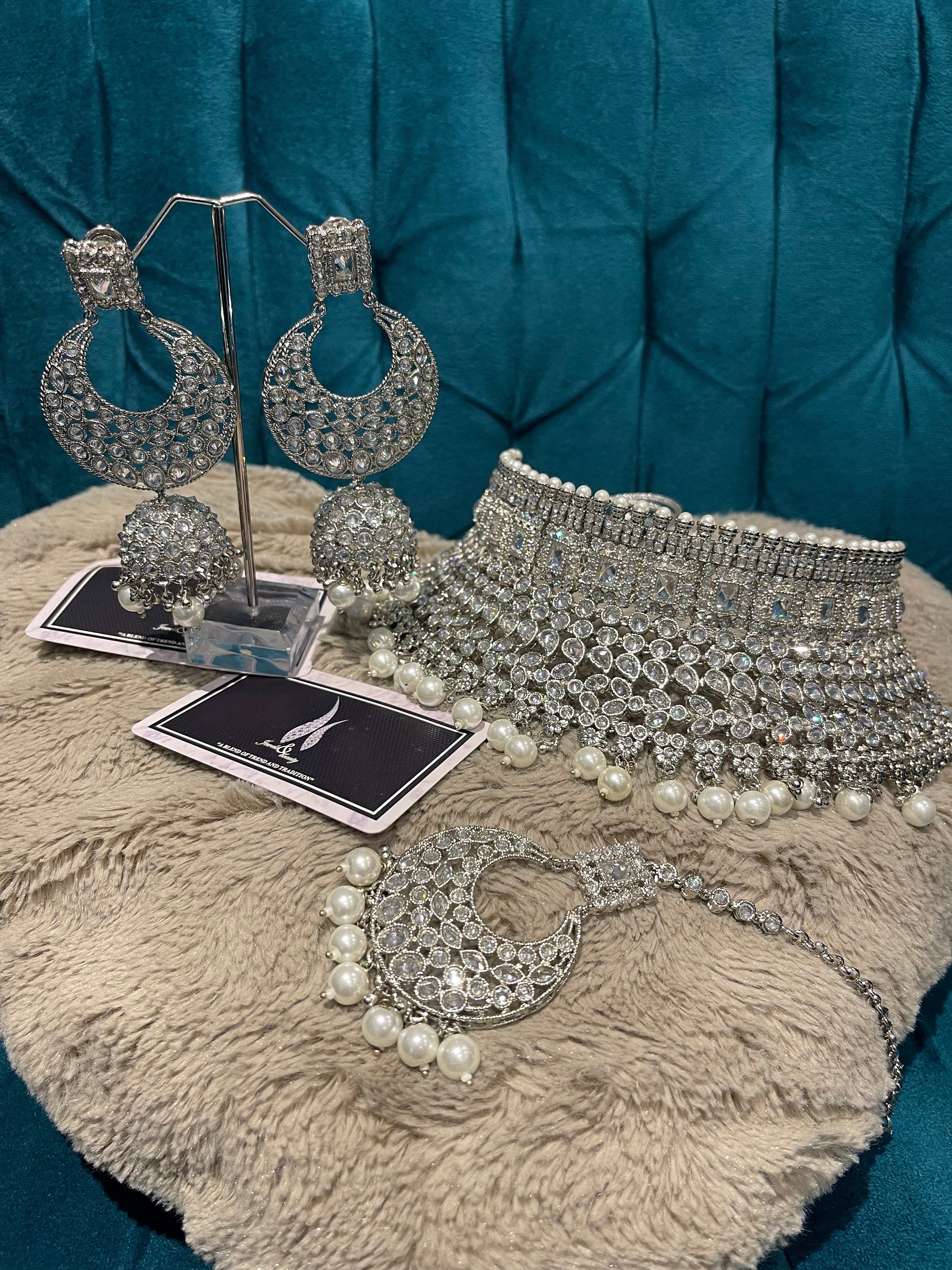 Silver Plated Polki Choker Set: Indian Bridal Jewelry