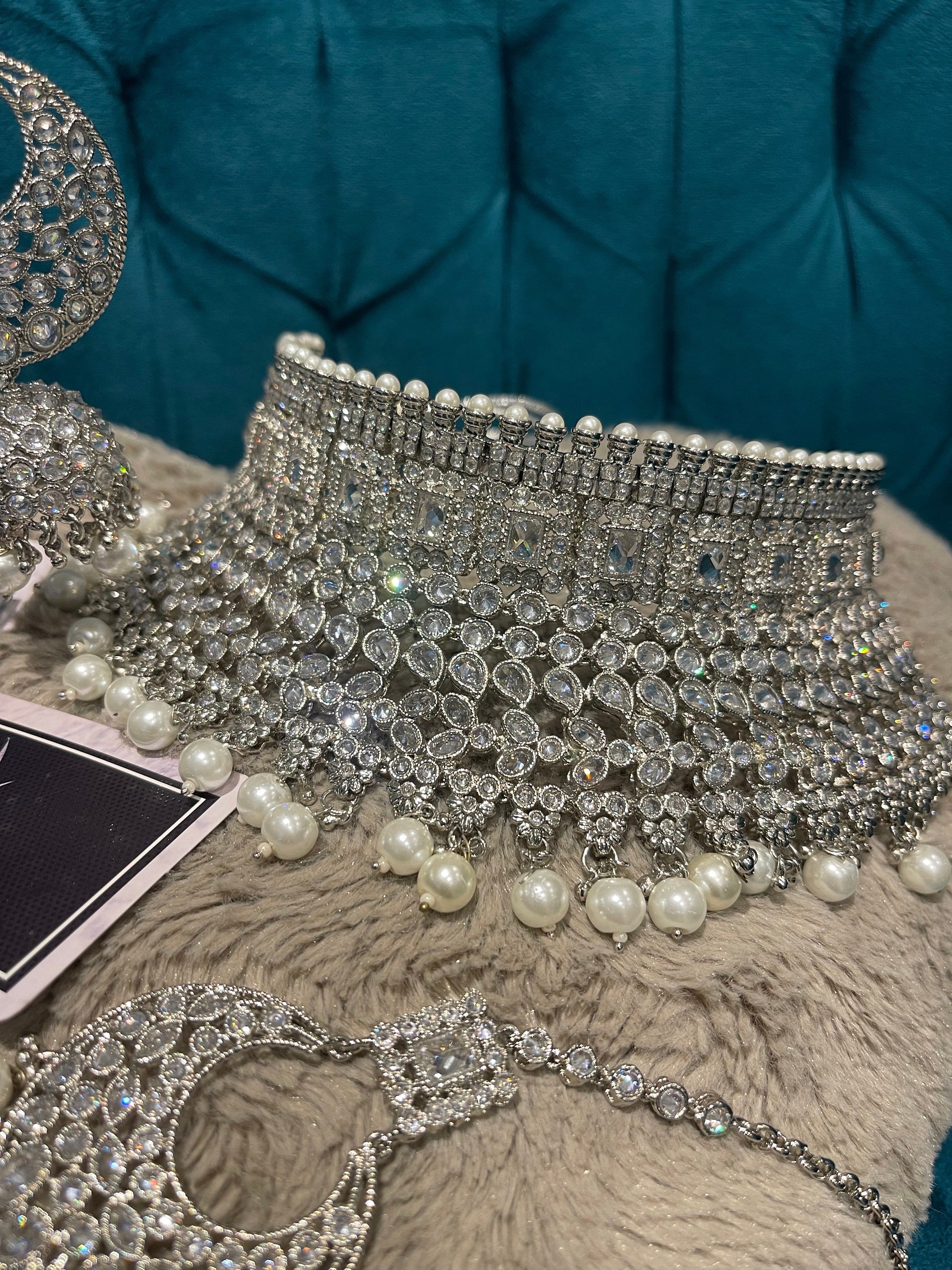 Silver Plated Polki Choker Set: Indian Bridal Jewelry