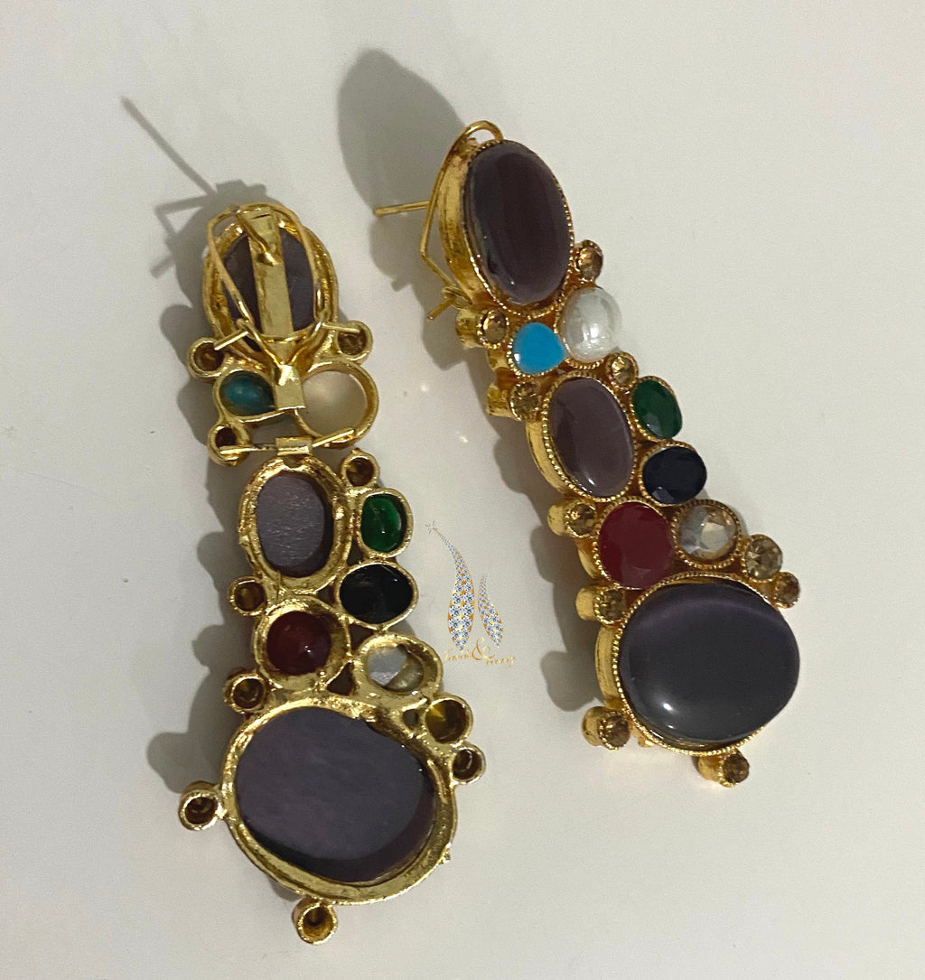 Gold Plated Indian Earrings: Purple Stone Dangle Earrings