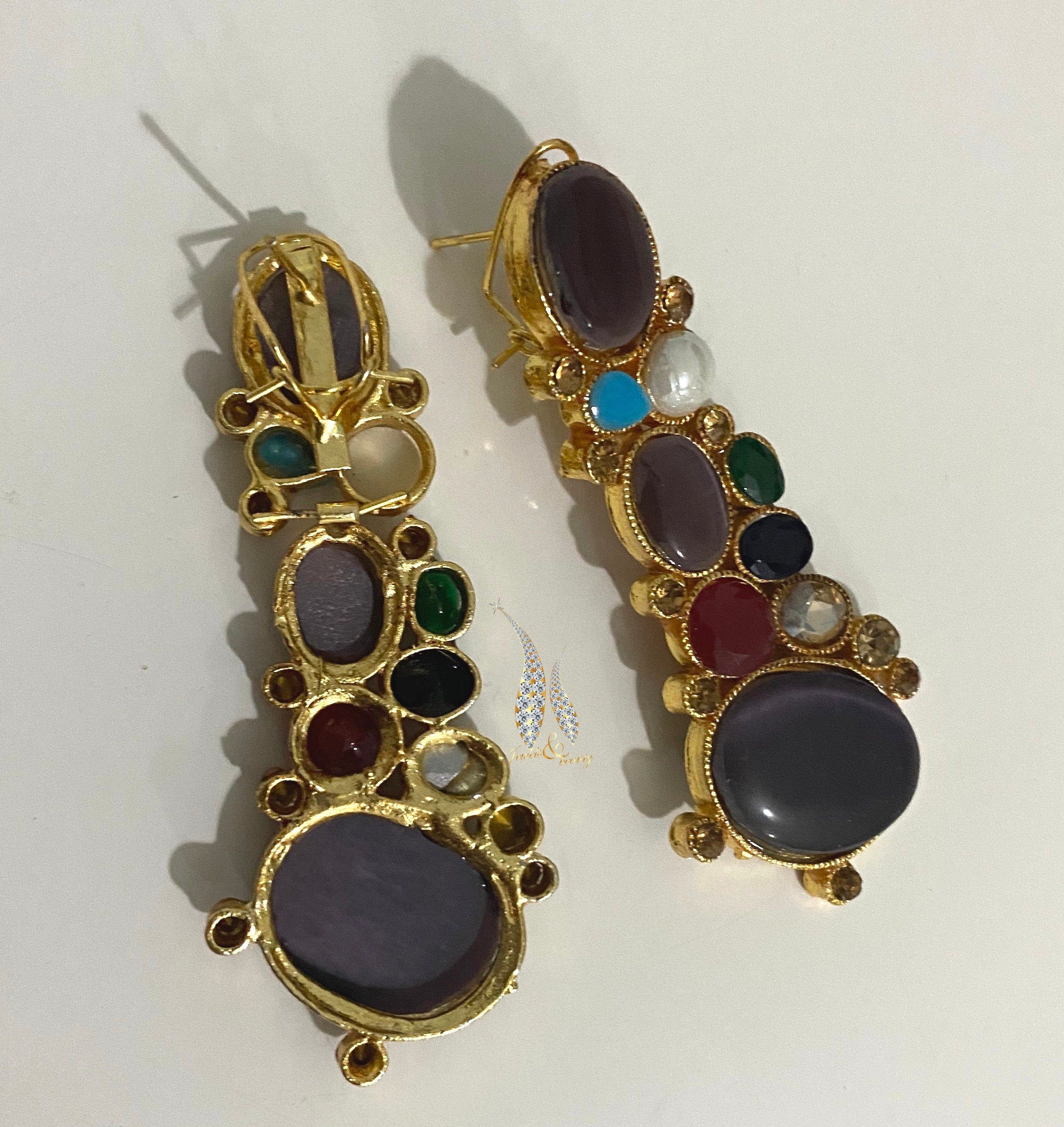 Gold Plated Indian Earrings: Purple Stone Dangle Earrings