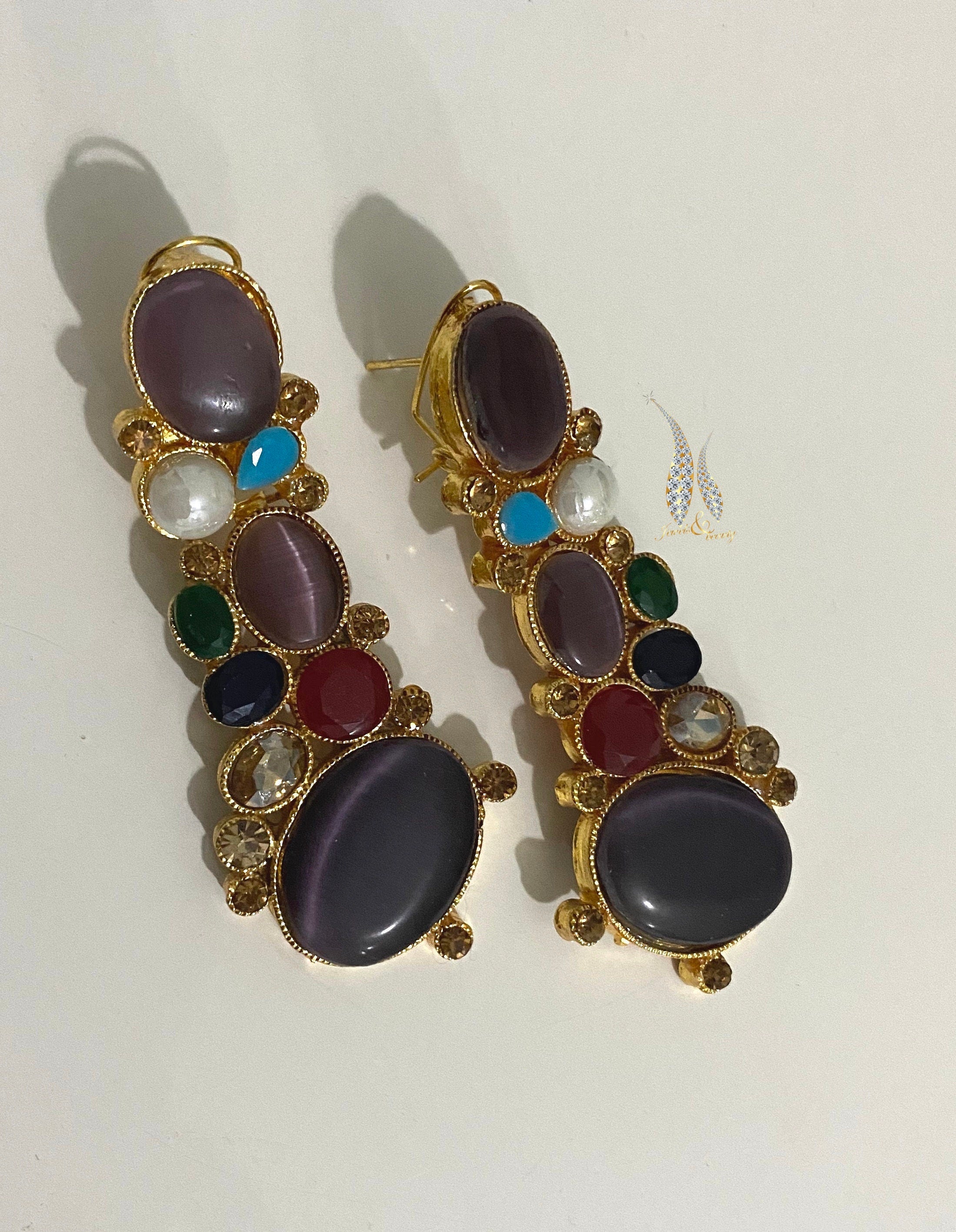 Gold Plated Indian Earrings: Purple Stone Dangle Earrings