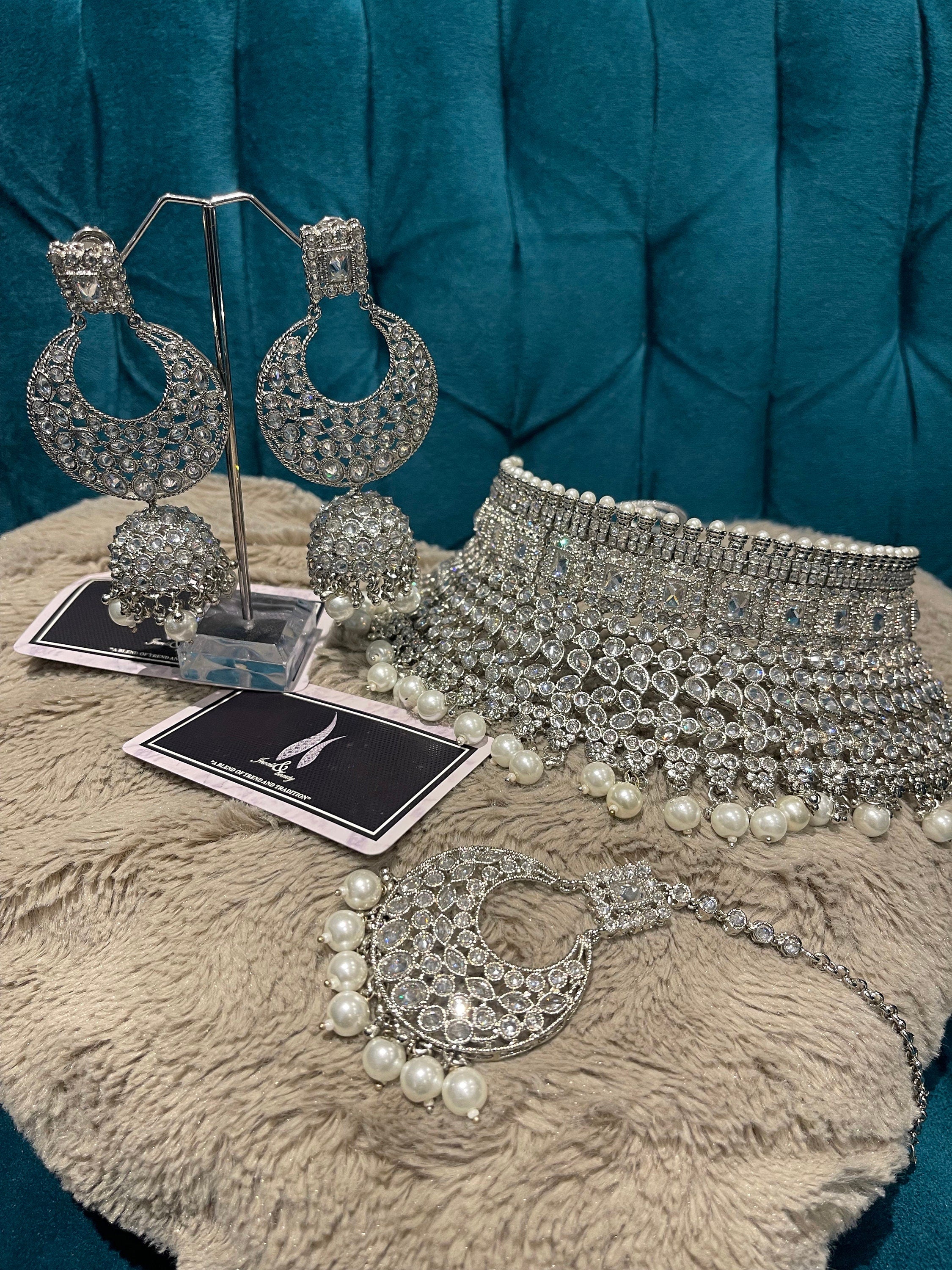Silver Plated Polki Choker Set: Indian Bridal Jewelry